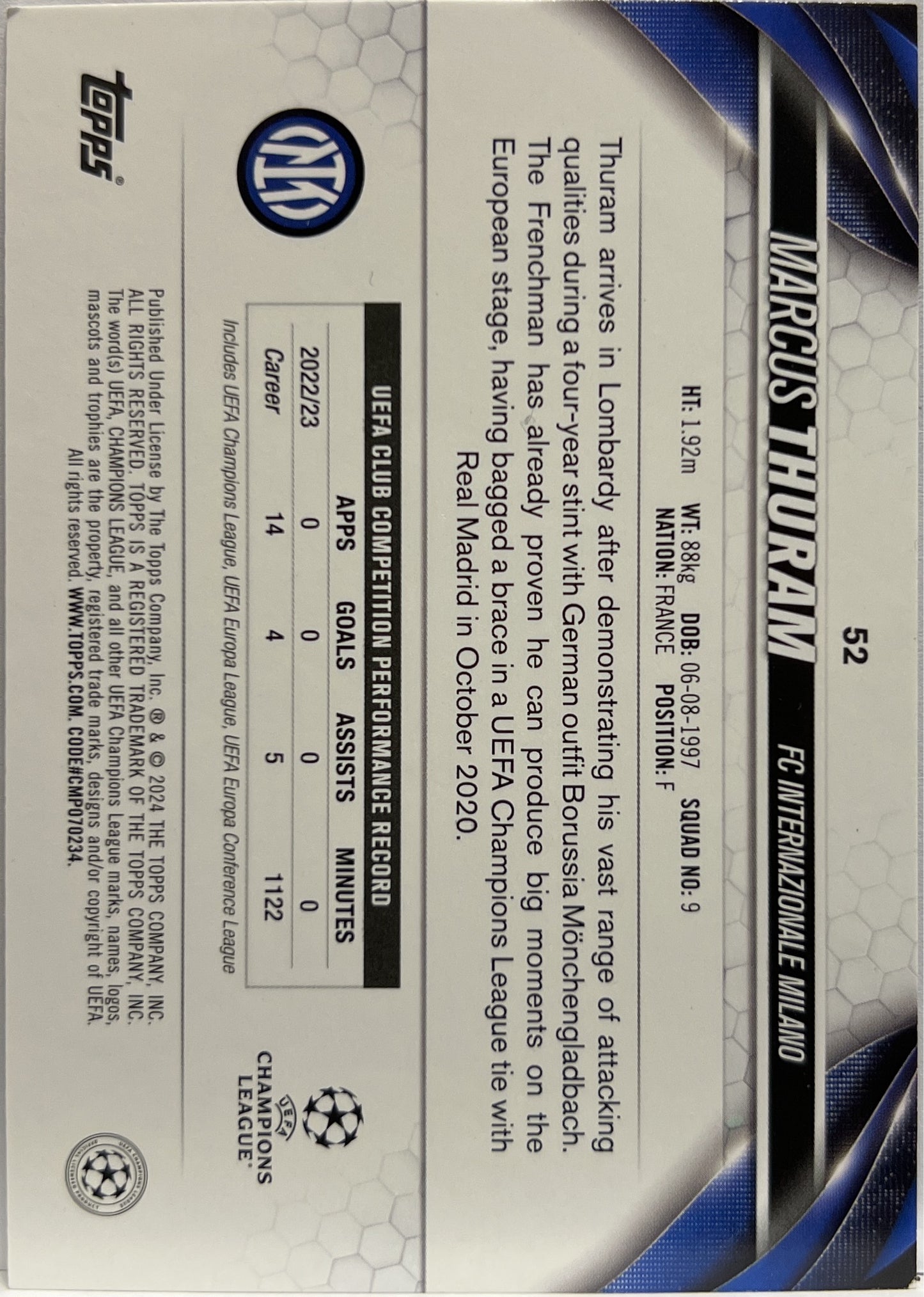 Marcus Thuram Inferno Foil Topps UCC Carnival 2022/23