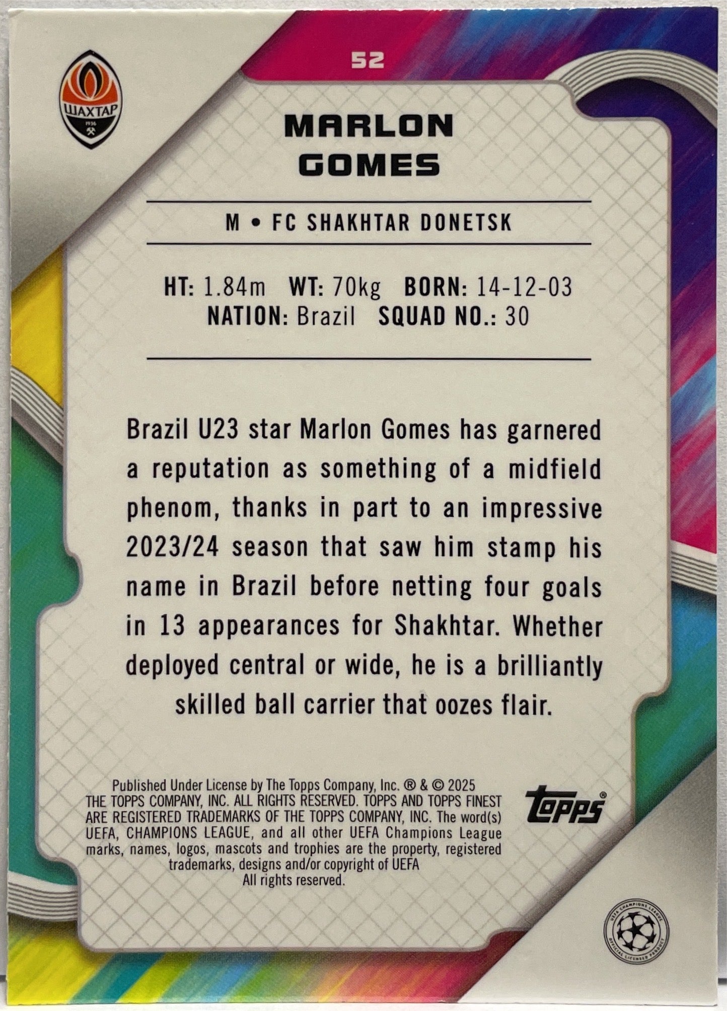 Marlon Gomes 9/275 Rookie Sky Blue Topps Finest UCC 2024/25