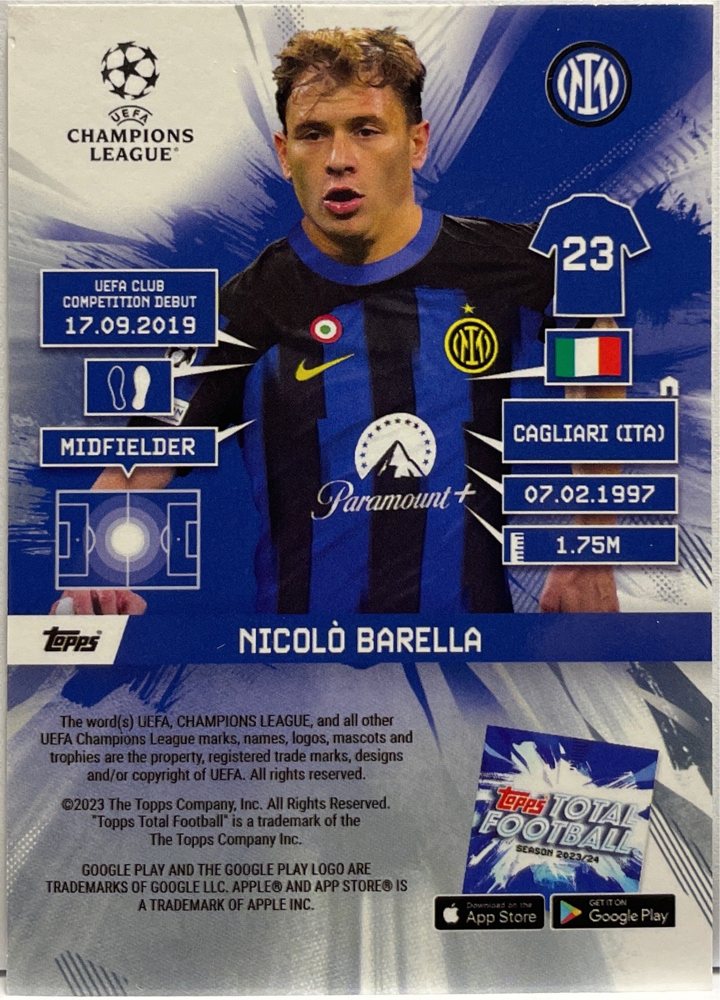 Nicolo Barella 6/99 1ST Edition Master Magicians Topps Total Football 2023/24