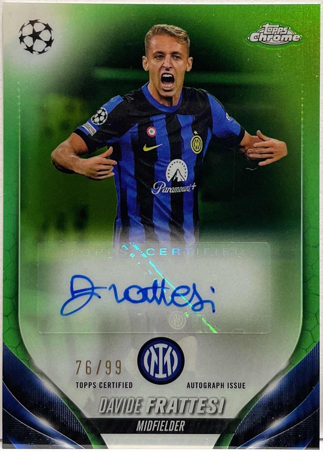 Davide Frattesi 76/99 Autograph Green Topps Chrome UCC 2023/24