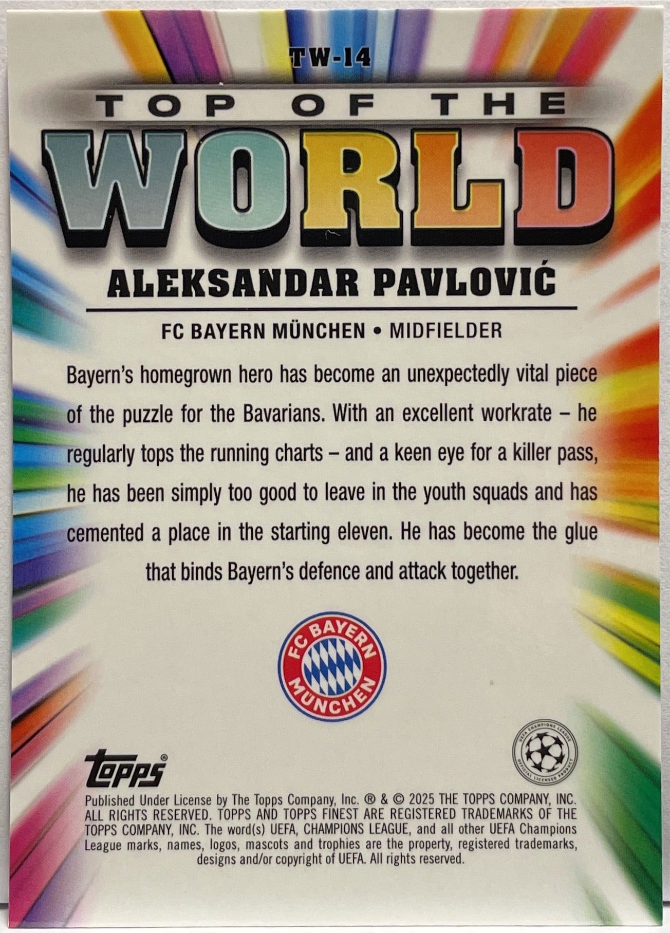 Aleksander Pavlovic 21/299 Top Of The World Ourple Topps Finest UCC 2024/25
