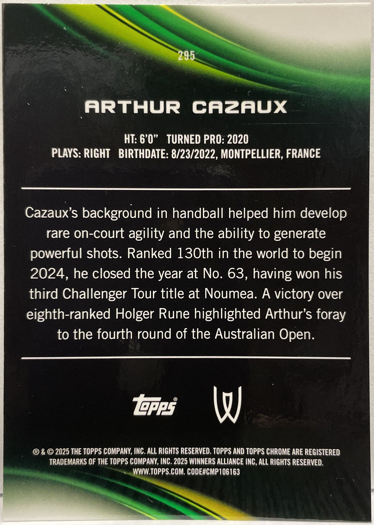 Arthur Cazaux 65/199 Rookie Aqua Topps Chrome Tennis 2025