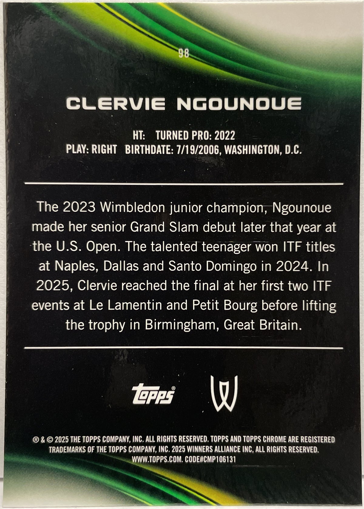 Clervie Ngounoue 177/199 Rookie Aqua Topps Chrome Tennis 2025