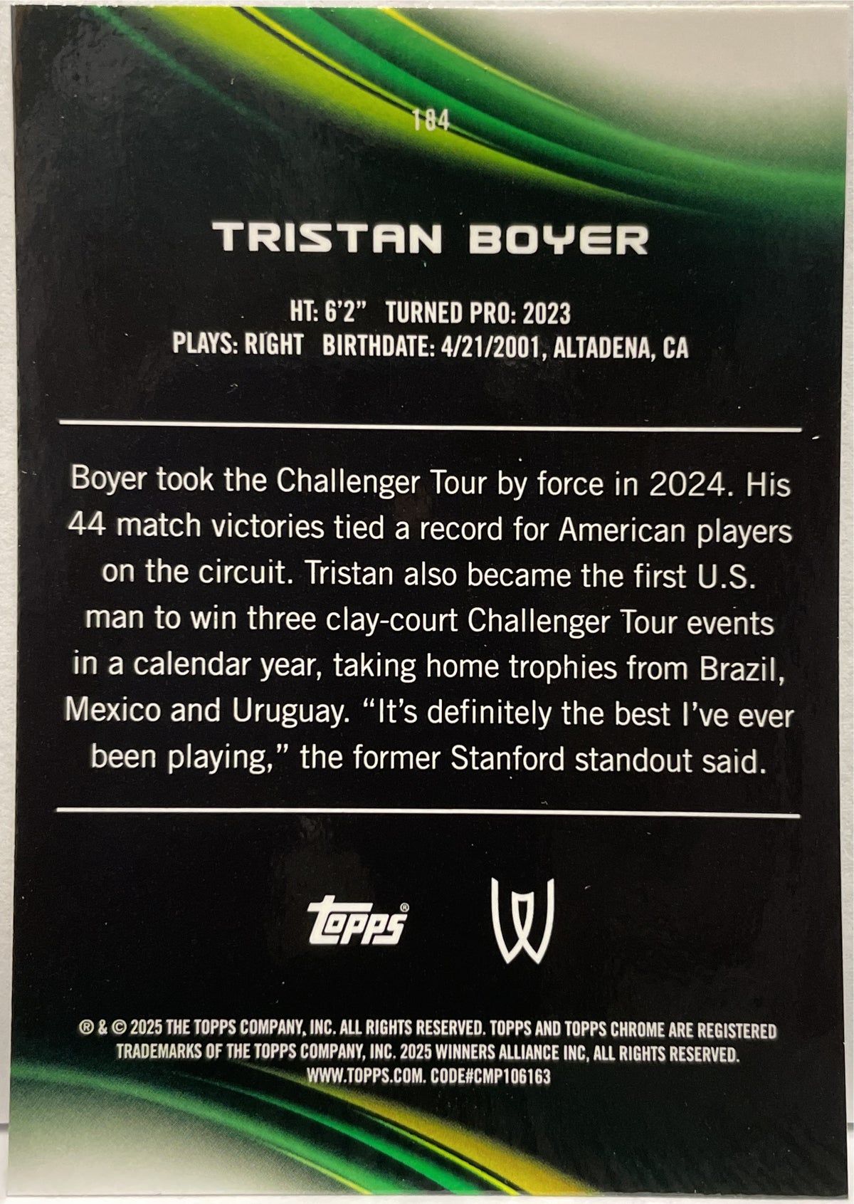 Tristan Boyer 172/199 Rookie Aqua Topps Chrome Tennis 2025