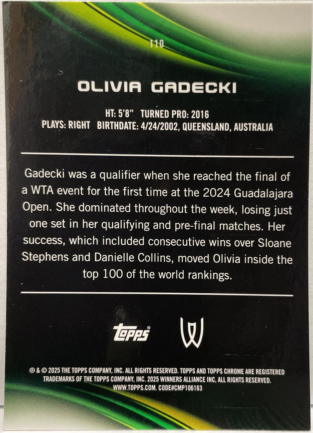 Olivia Gadecki 166/199 Rookie Aqua Topps Chrome Tennis 2025