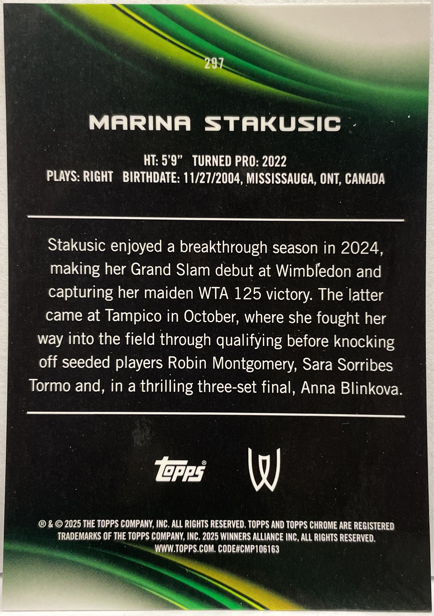 Marina Stakusic 109/199 Rookie Aqua Topps Chrome Tennis 2025