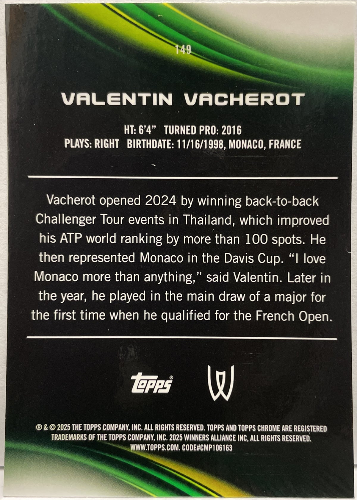Valentin Vacherot 7/199 Rookie Aqua Topps Chrome Tennis 2025