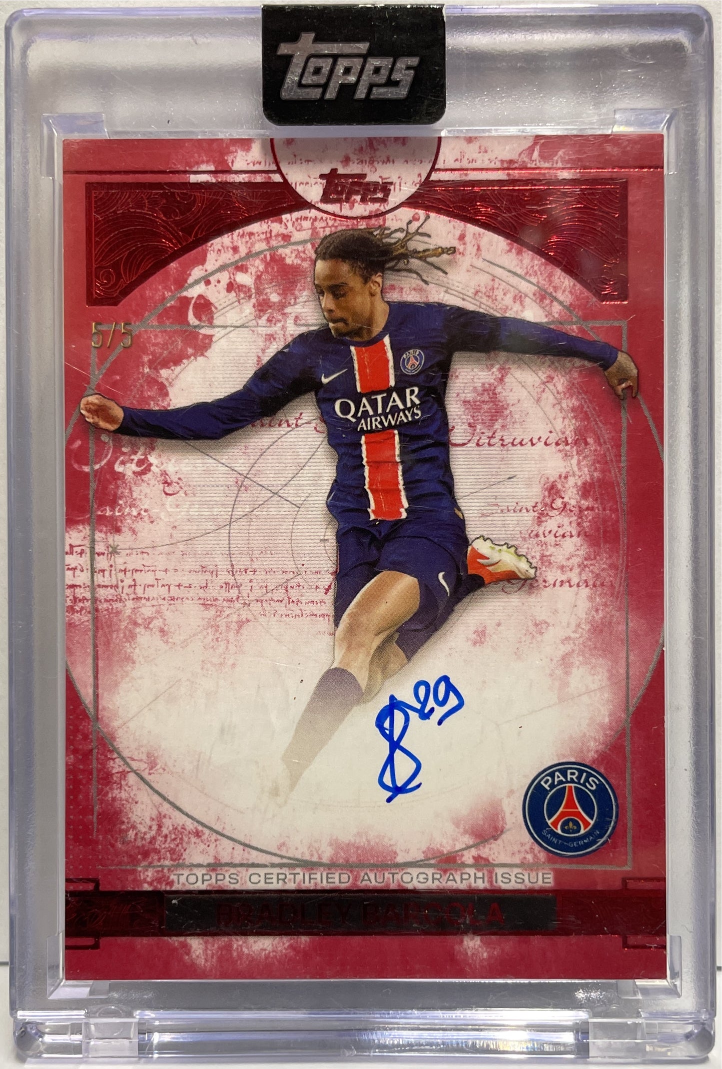 Bradley Barcola 5/5 Autograph On Card Red Topps PSG Exhibition 2024/25