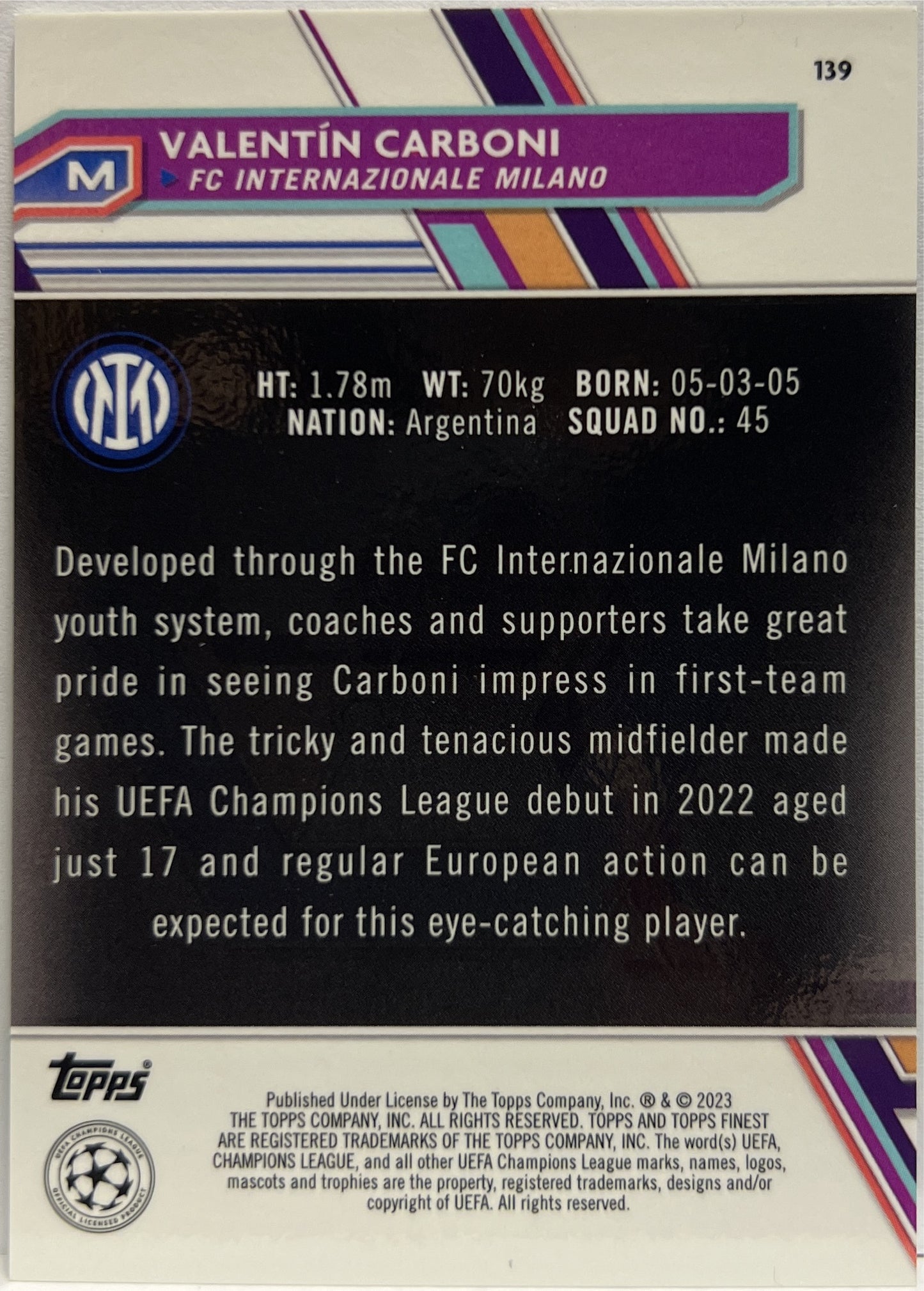 Valentin Carboni 95/99 Rookie Green Topps Finest UCC 2022/23