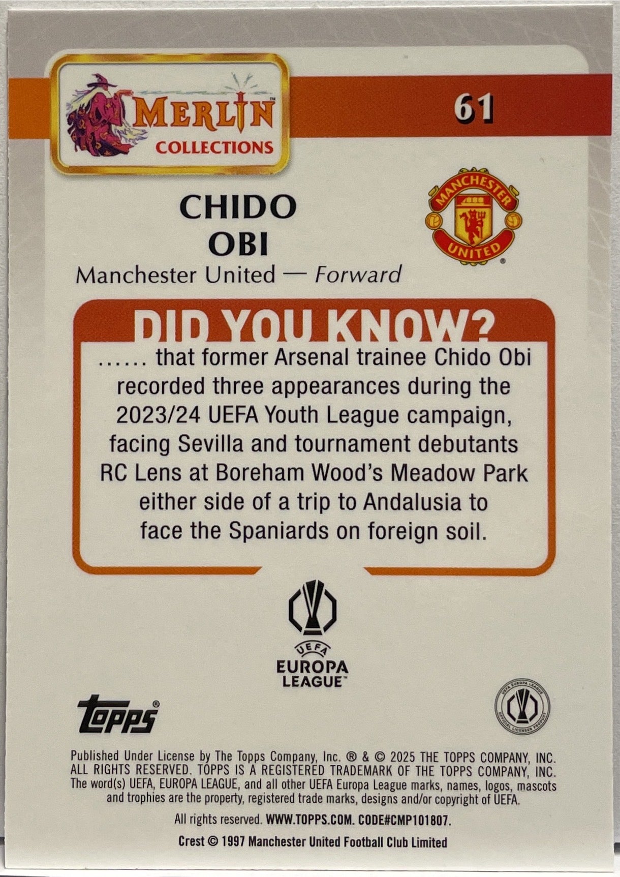 Chido Obi Rookie Topps Merlin UCC 2024/25
