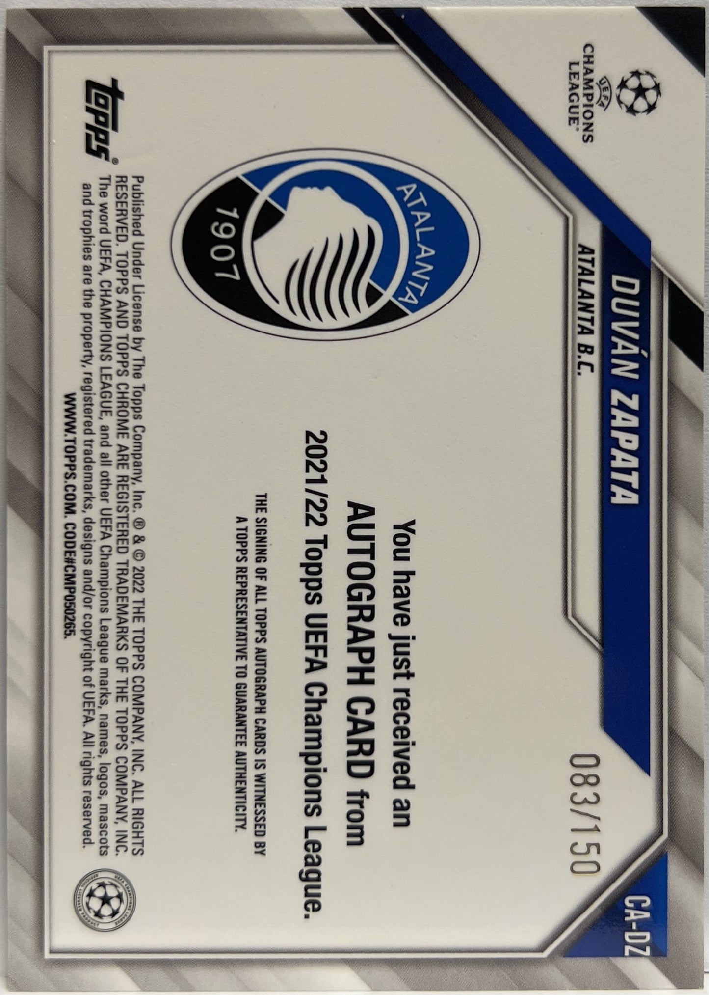 Duvan Zapata83/150 Autograph Blue Merlin Chrome 2021/22