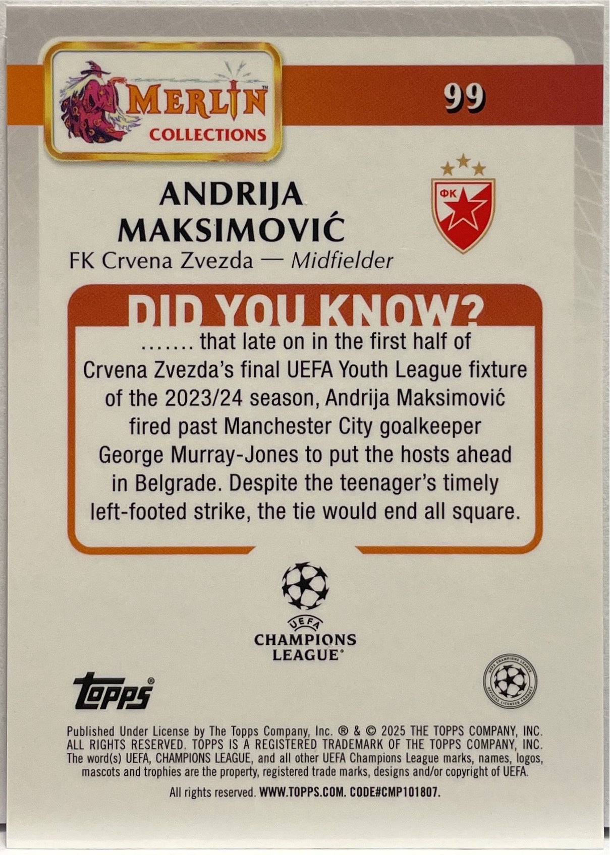 Andrija Maksimovic Rookie Topps Merlin UCC 2024/25