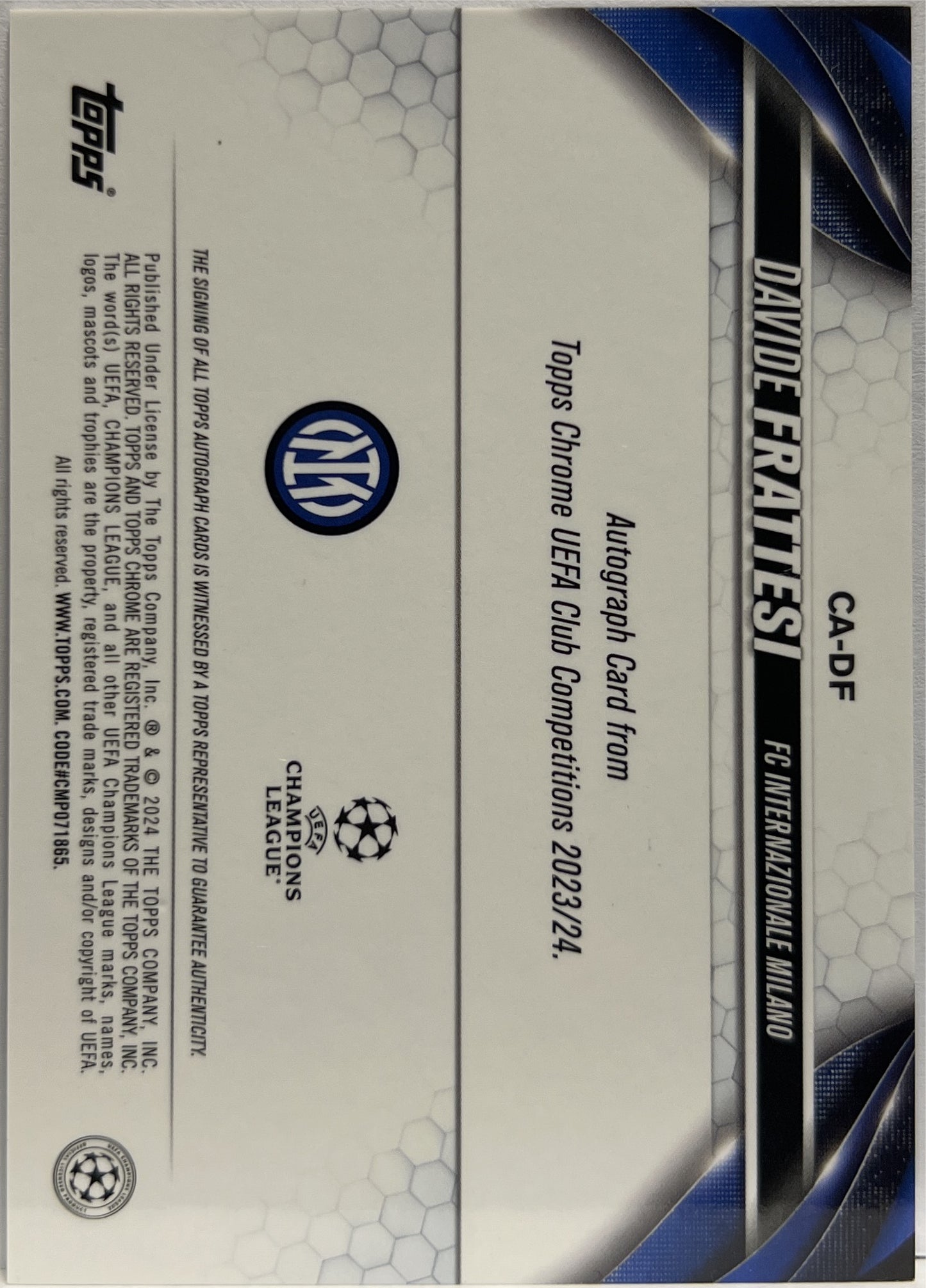 Davide Frattesi 72/299 Autograph Purple Topps Chrome UCC 2023/24