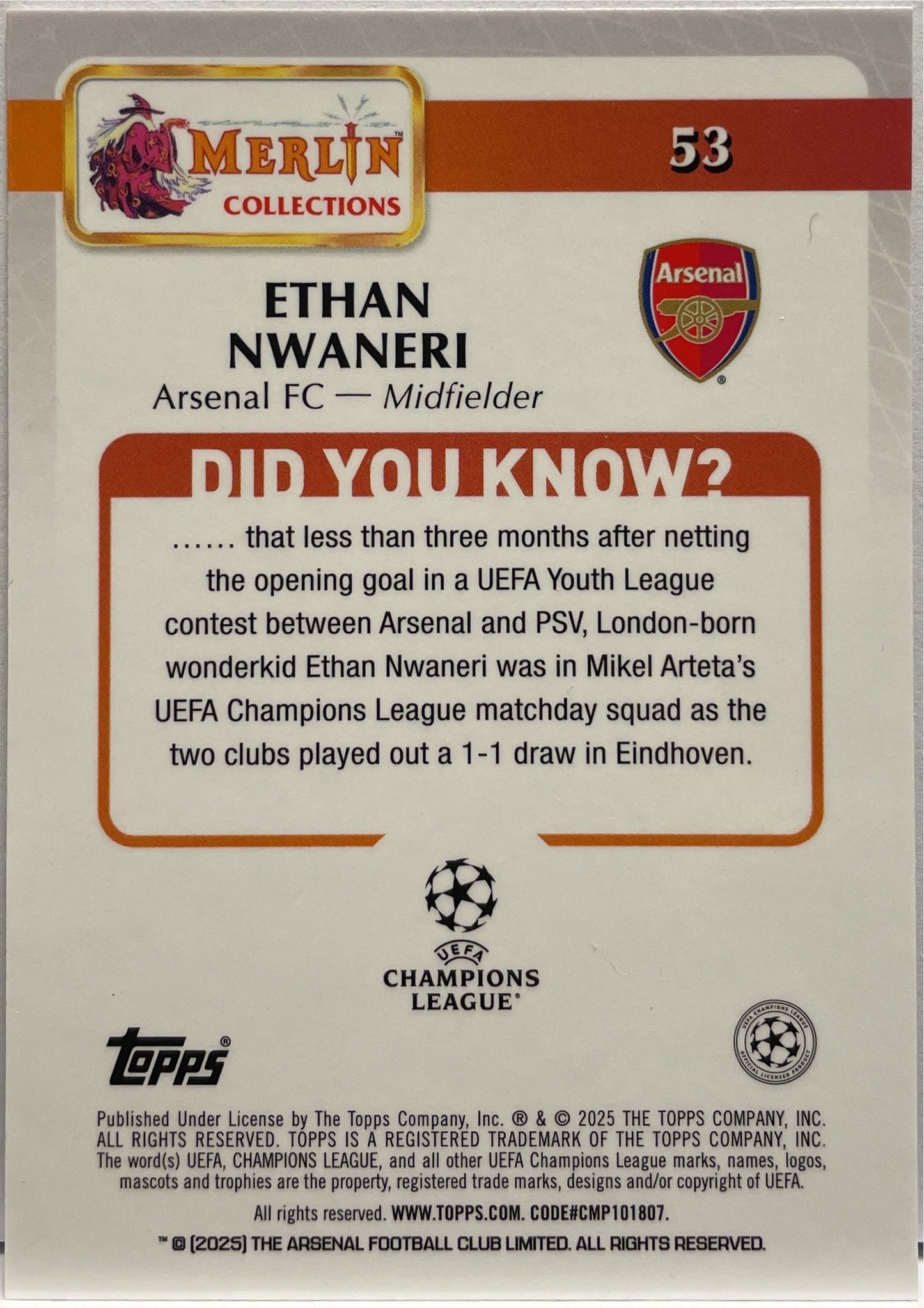 Ethan Nwaneri Rookie Topps Merlin UCC 2024/25