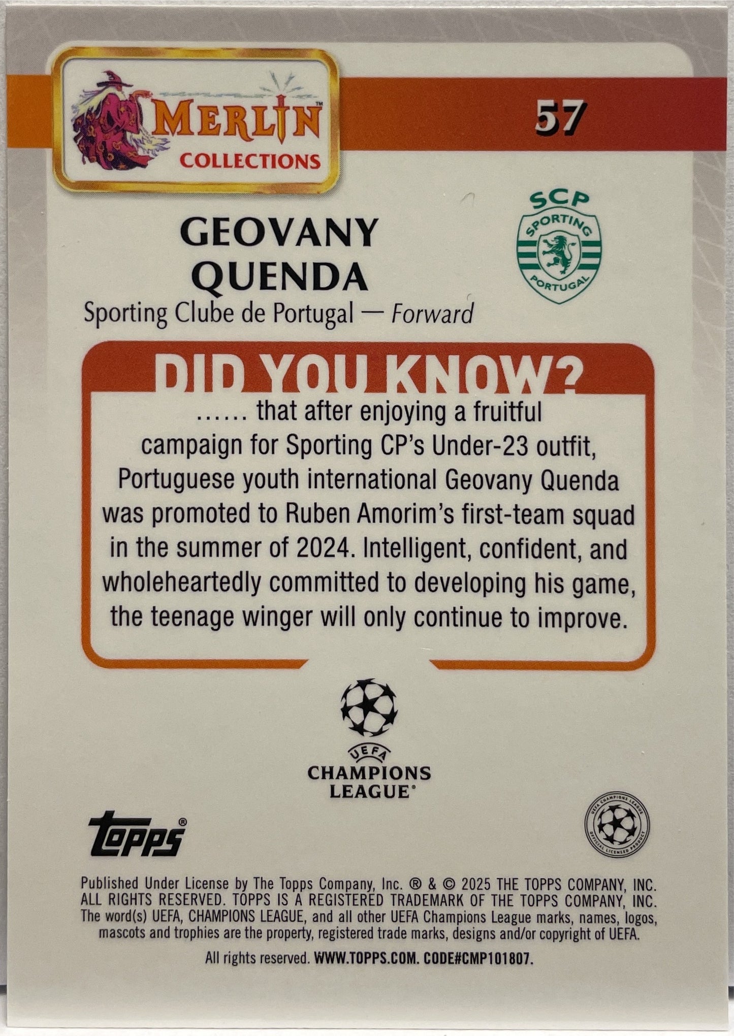 Geovany Quenda Rookie Topps Merlin UCC 2024/25