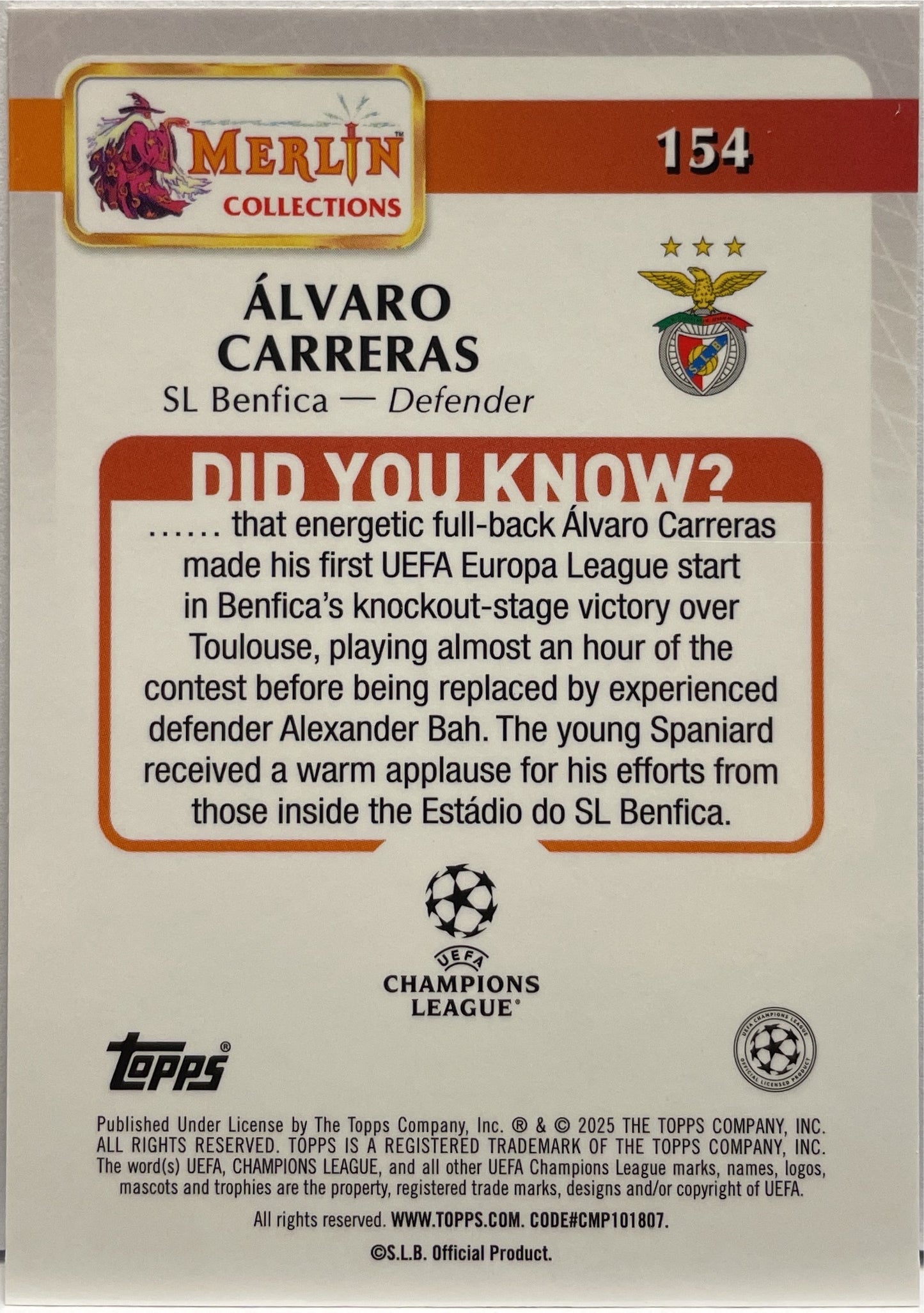 Alvaro Carreras Rookie Topps Merlin UCC 2024/25