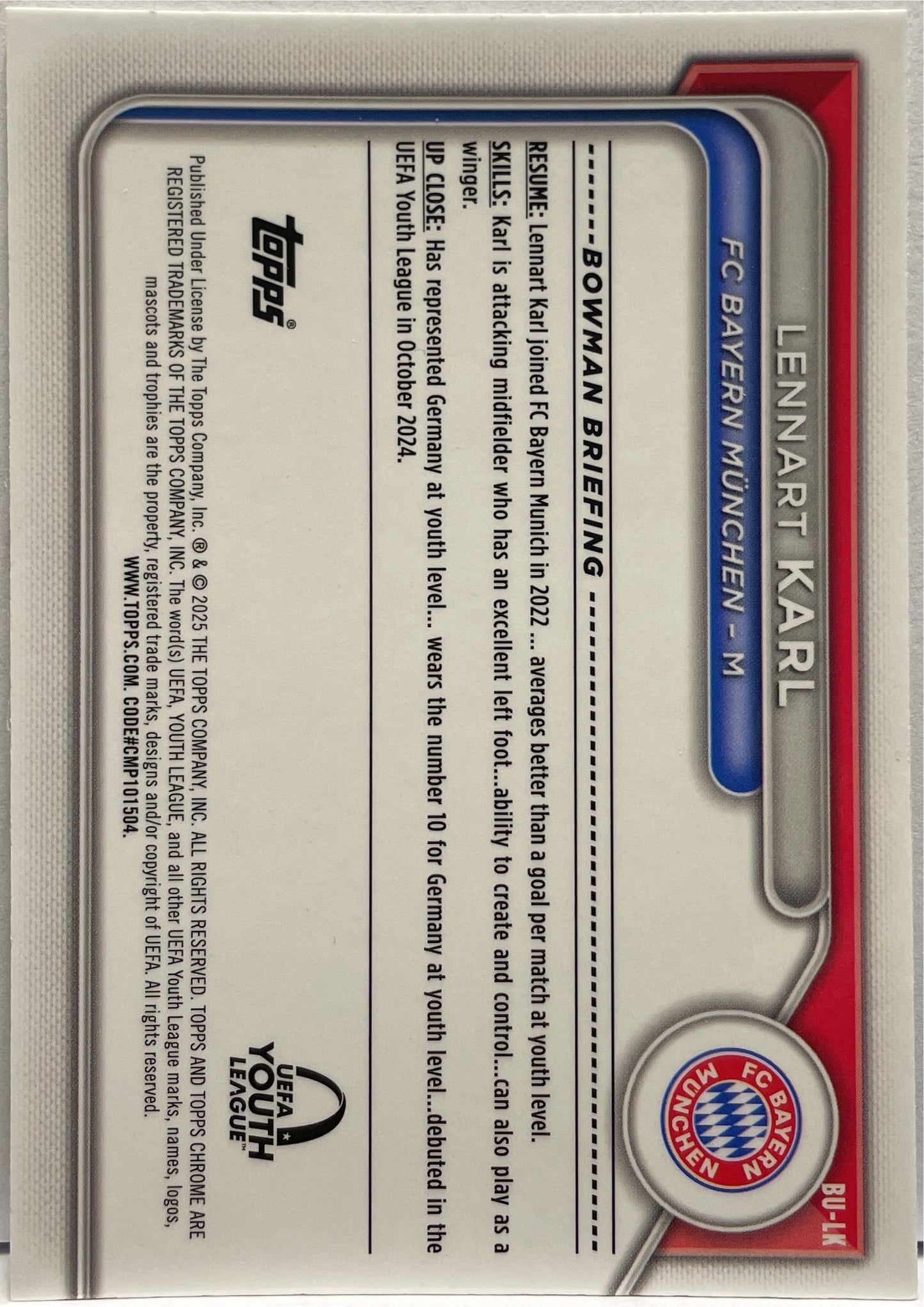 Lennart Karl Refractor 1ST Bowman Uefa Youth League Topps Chrome UCC 2024/25