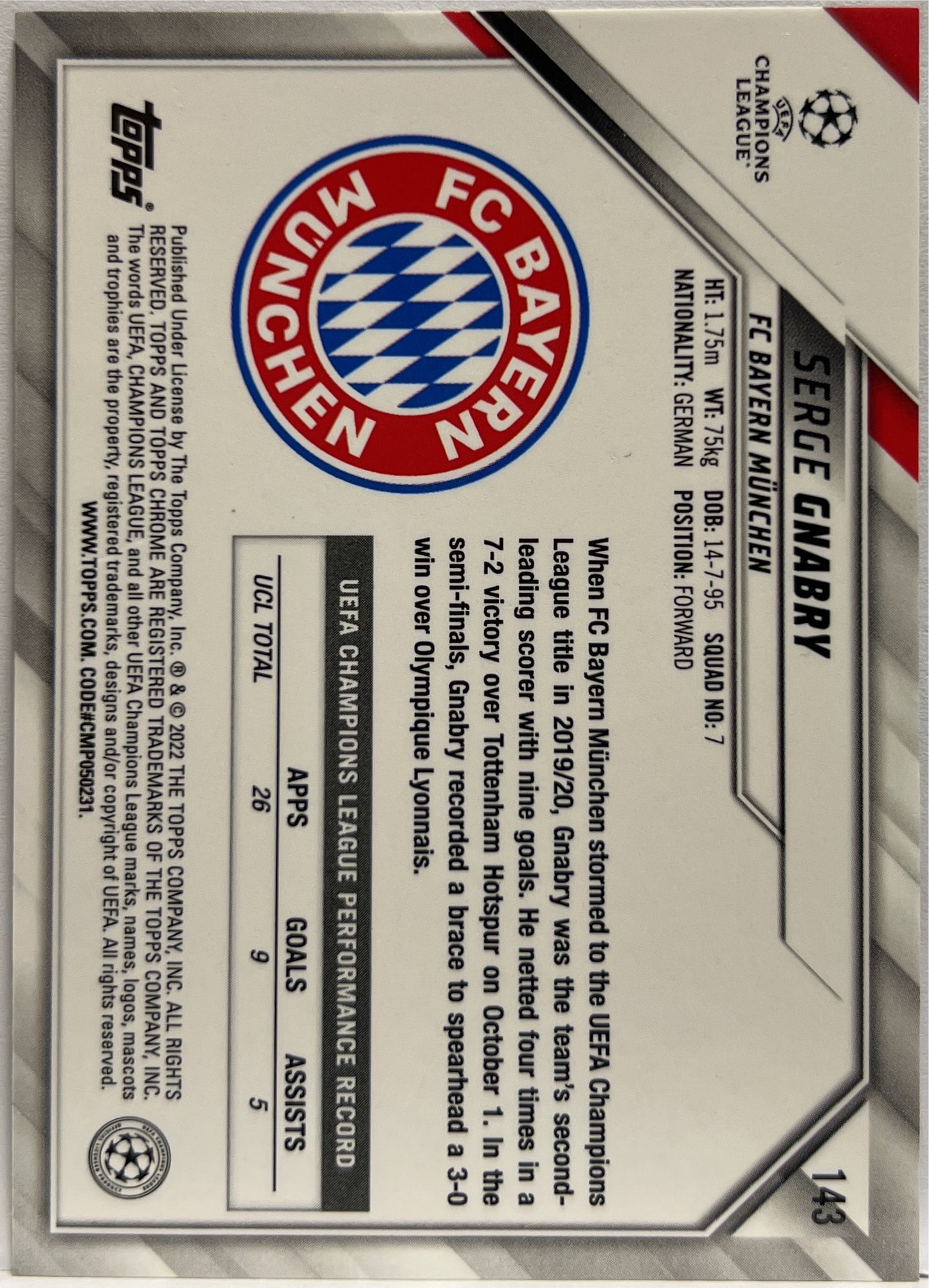 Serge Gnabry Blue Wave Topps Chrome UCL 2021/22