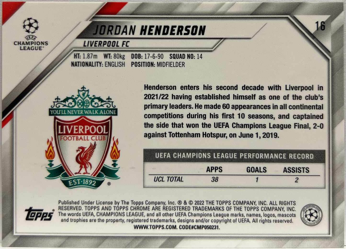 Jordan Henderson Gold Wave Topps Chrome UCL 2021/22