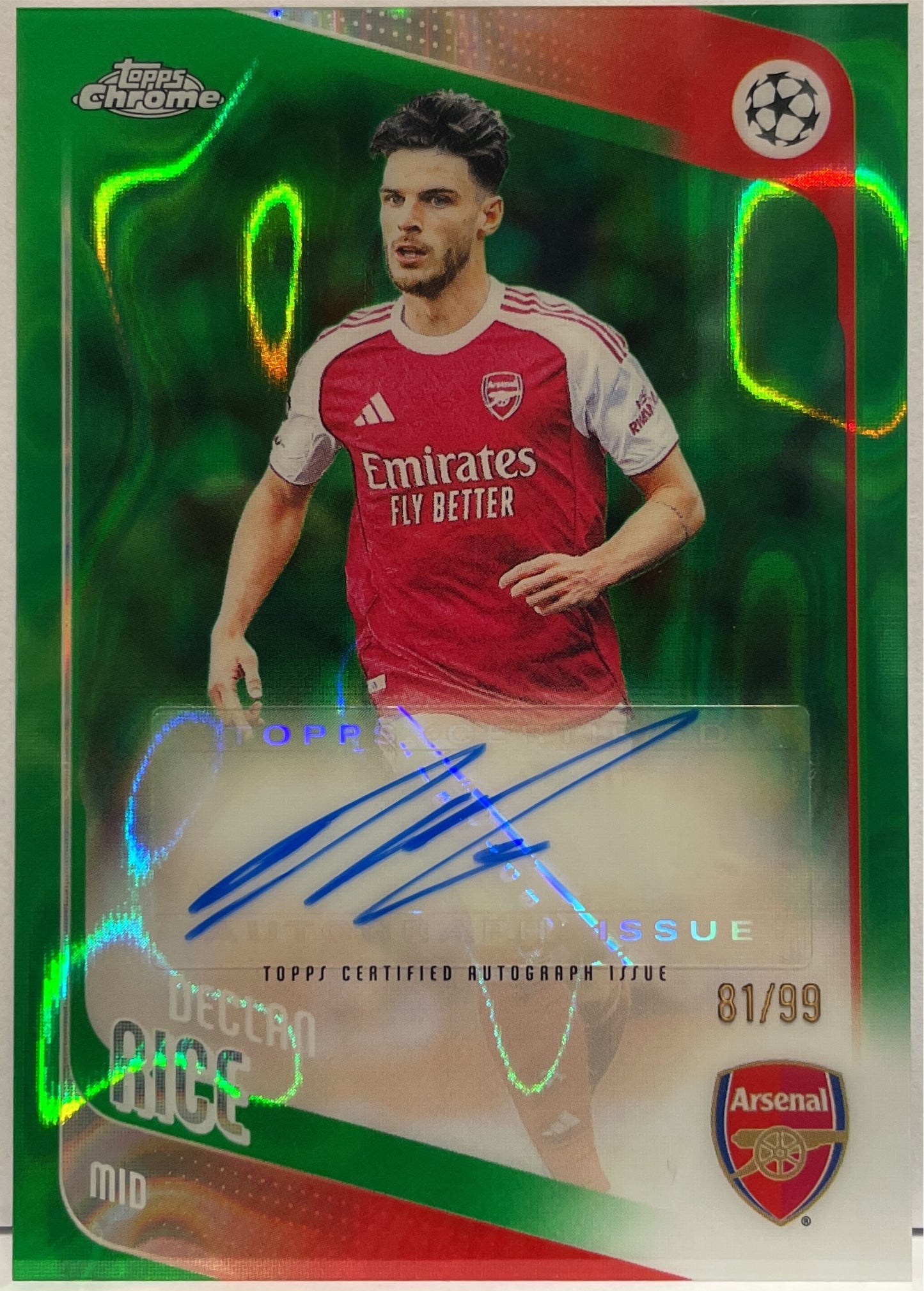 Declan Rice 81/99 Autograph Green Topps Chrome UCC 2025/26