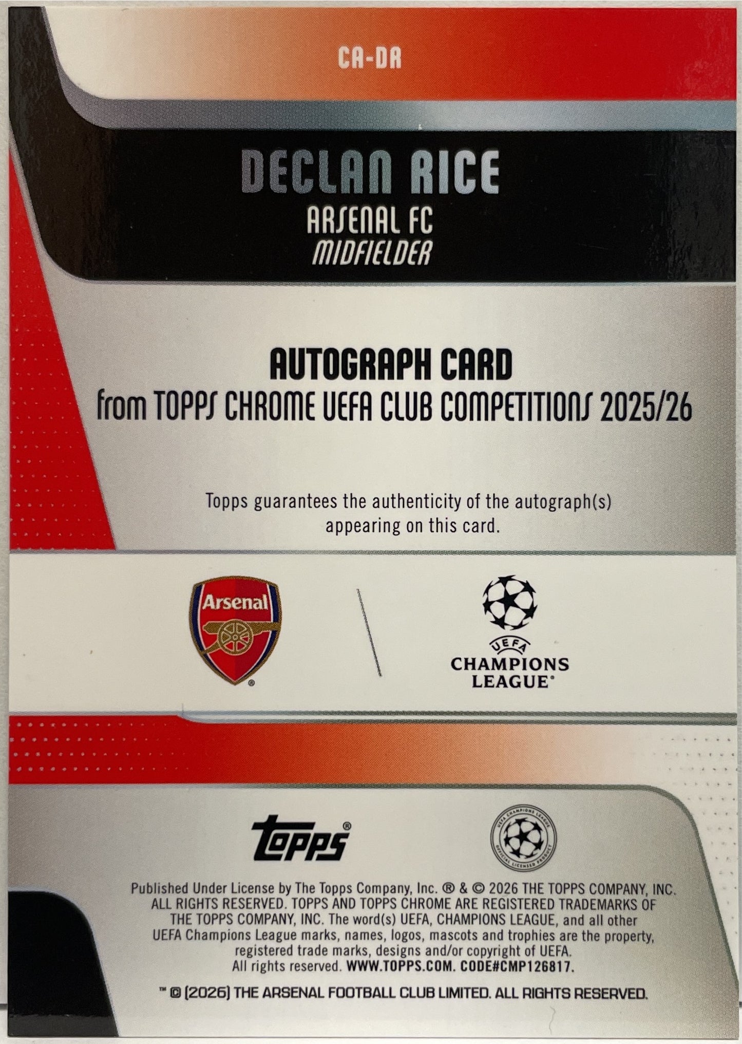 Declan Rice 81/99 Autograph Green Topps Chrome UCC 2025/26