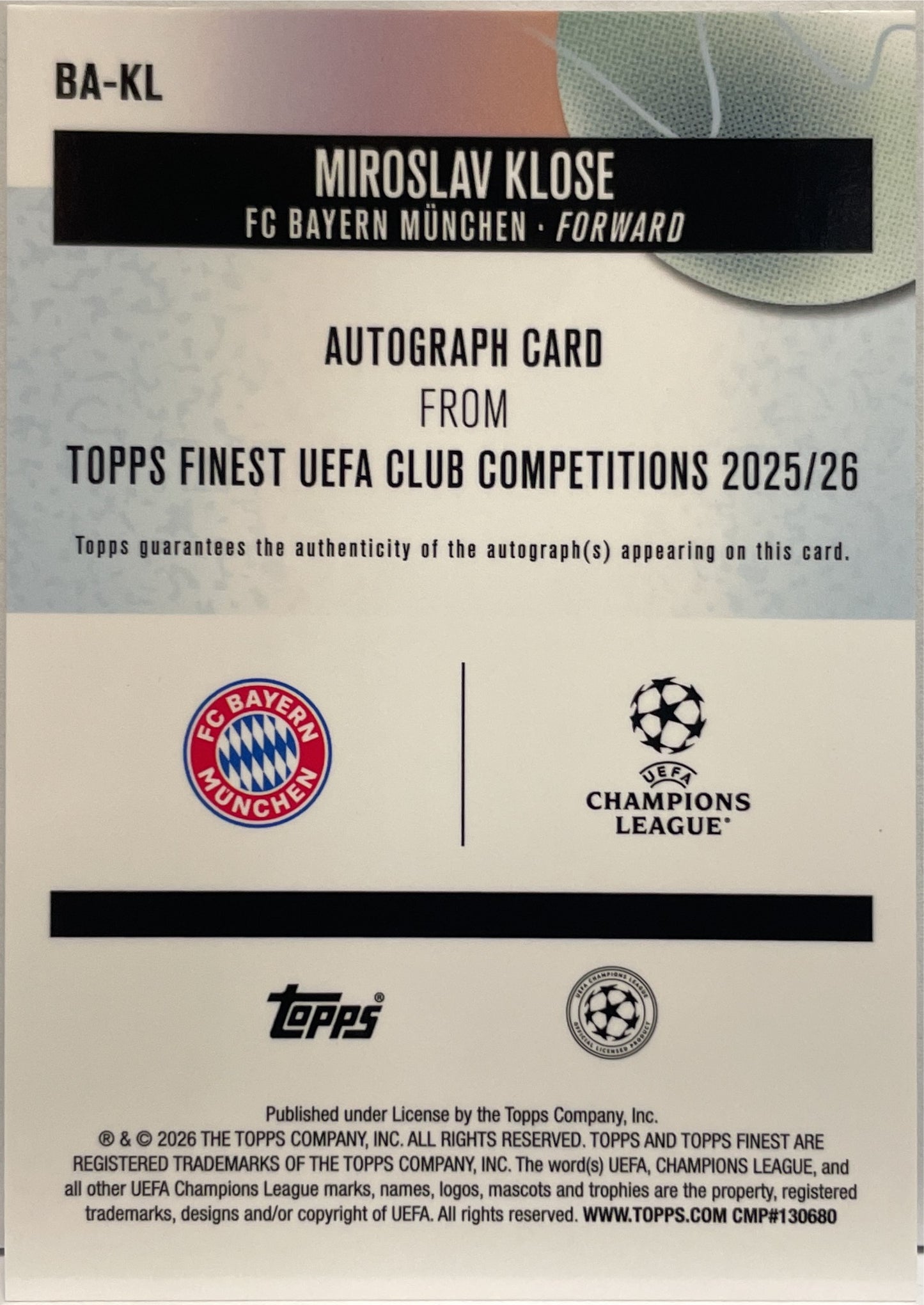 Miroslav Klose 1/99 Autograph Green Topps Finest UCC 2025/26