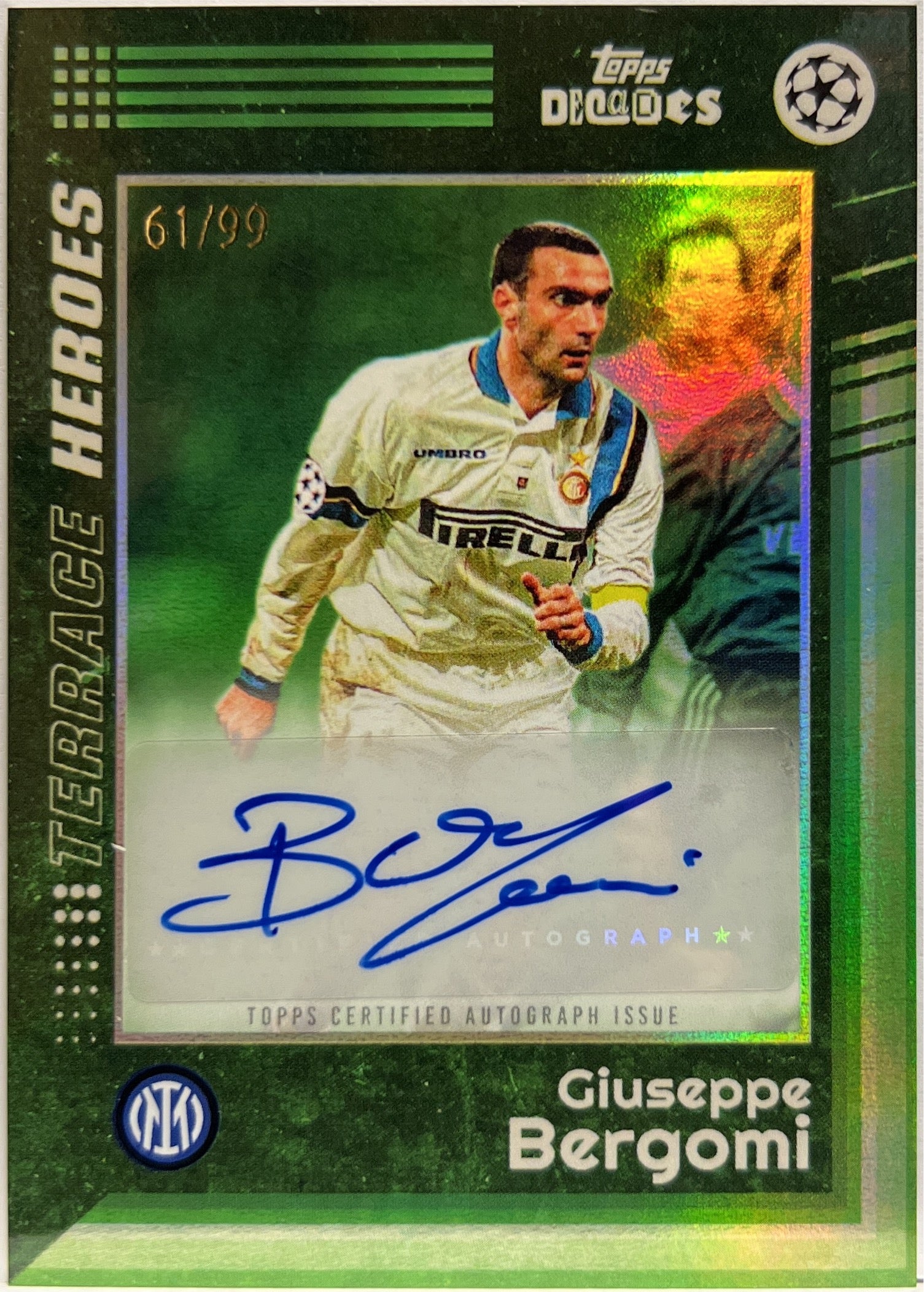 Terrace Base Card Topps Giuseppe Bergomi 61/99 Autograph Terrace Heroes Green Topps Decades 20 ...
