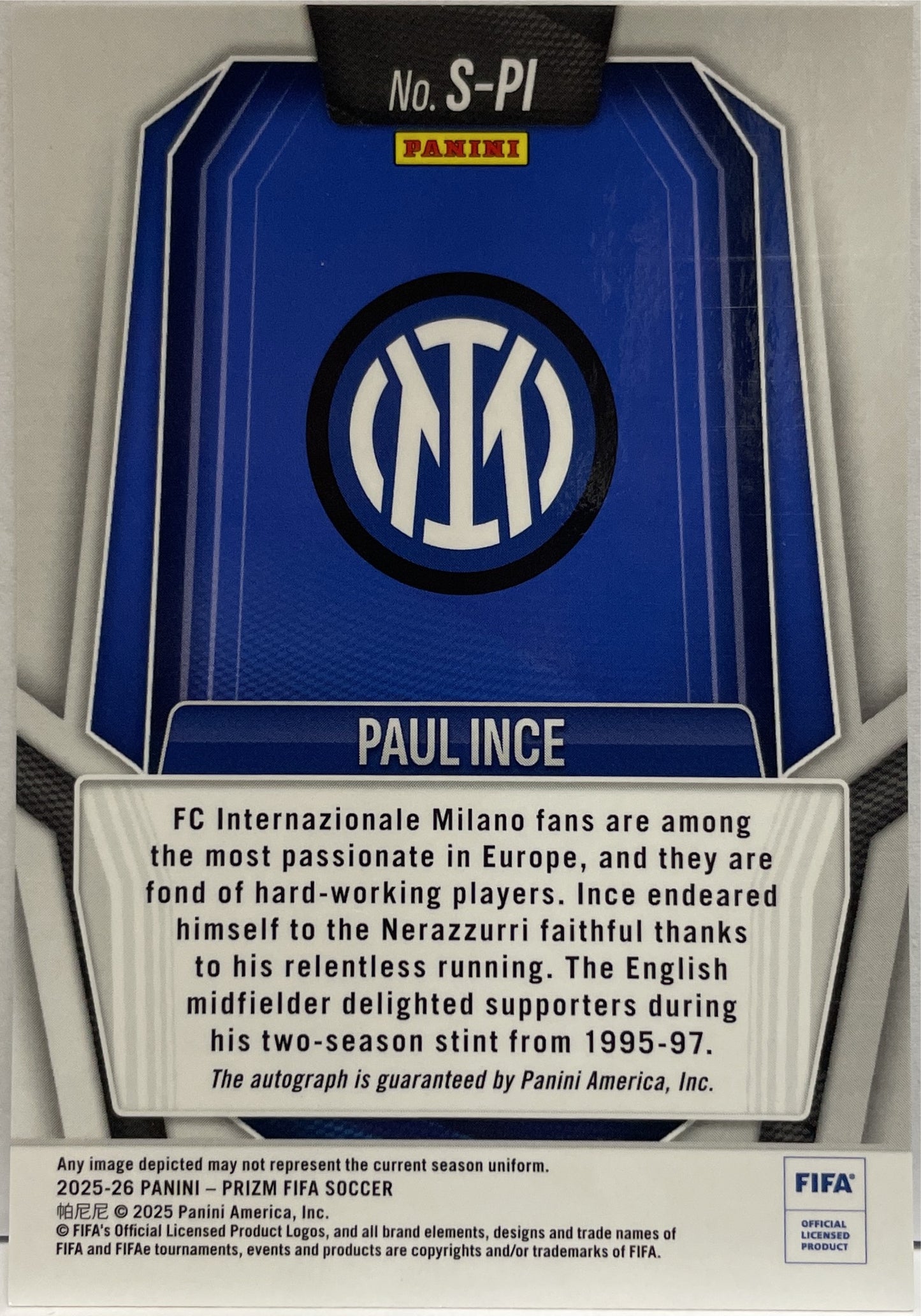 Paul Ince Autograph Panini Prizm Fifa 2025/26