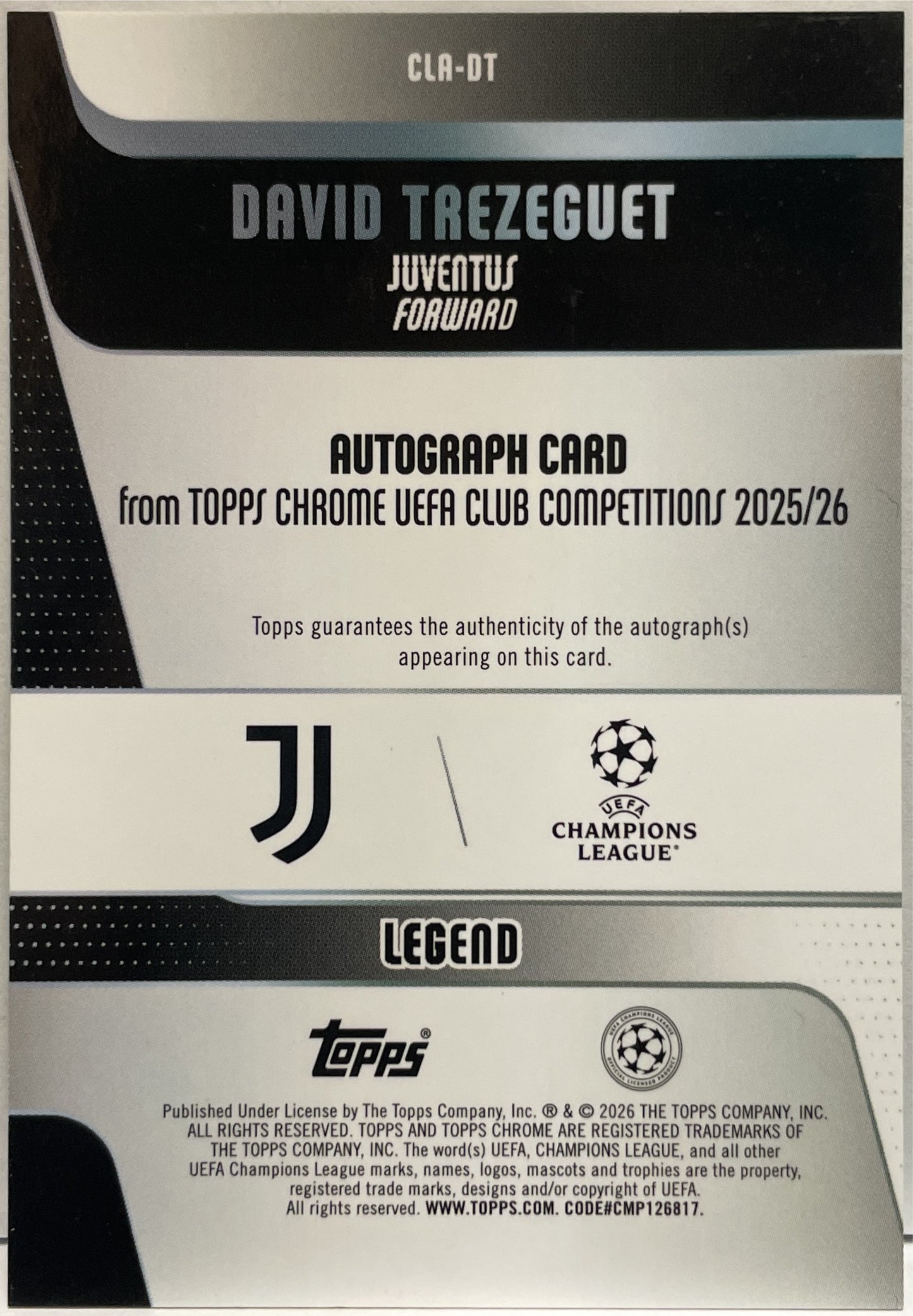 David Trezeguet 91/99 Autograph Green Topps Chrome UCC 2025/26