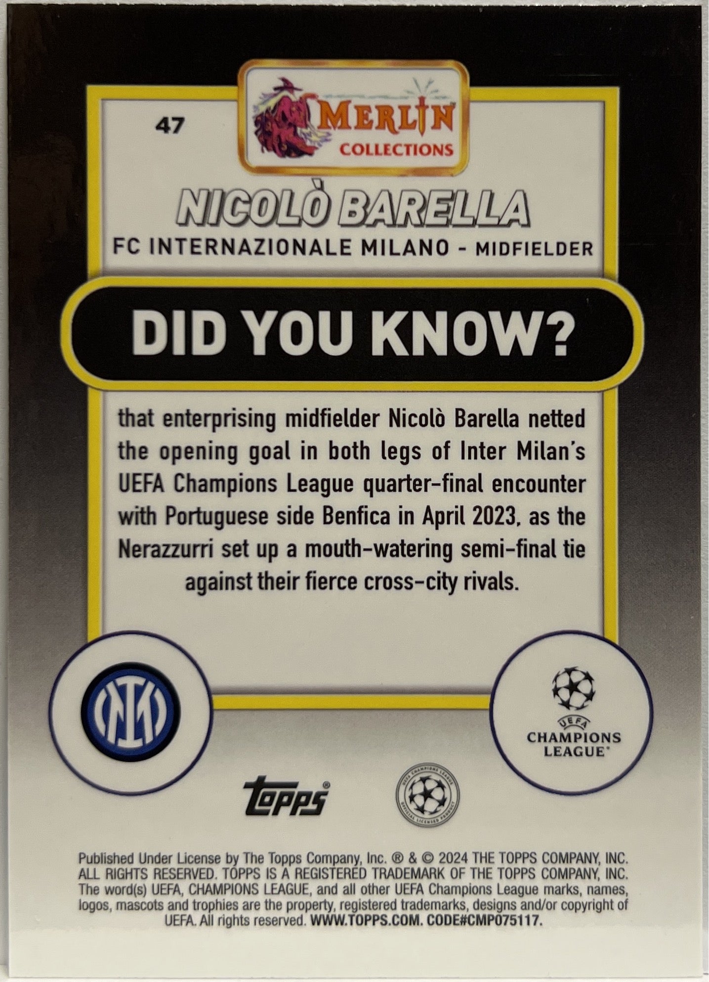 Nicolo Barella 15/399 Green Shimmer Topps Chrome Merlin 2023/24