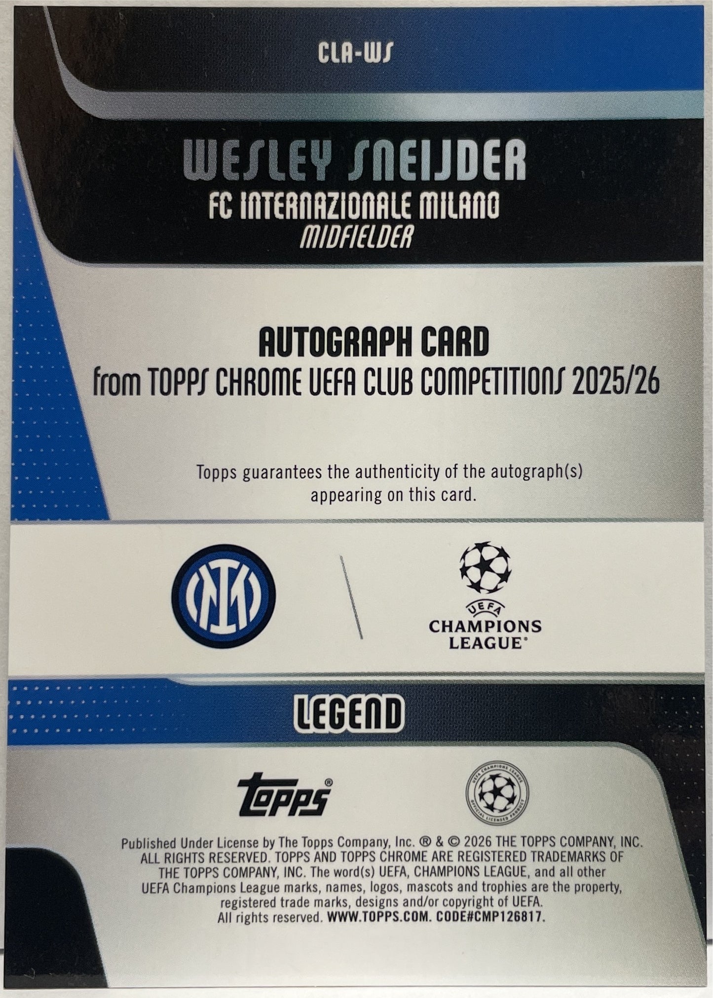 Wesley Sneijder 75/75 Autograph Purple Geometric Topps Chrome UCC 2025/26