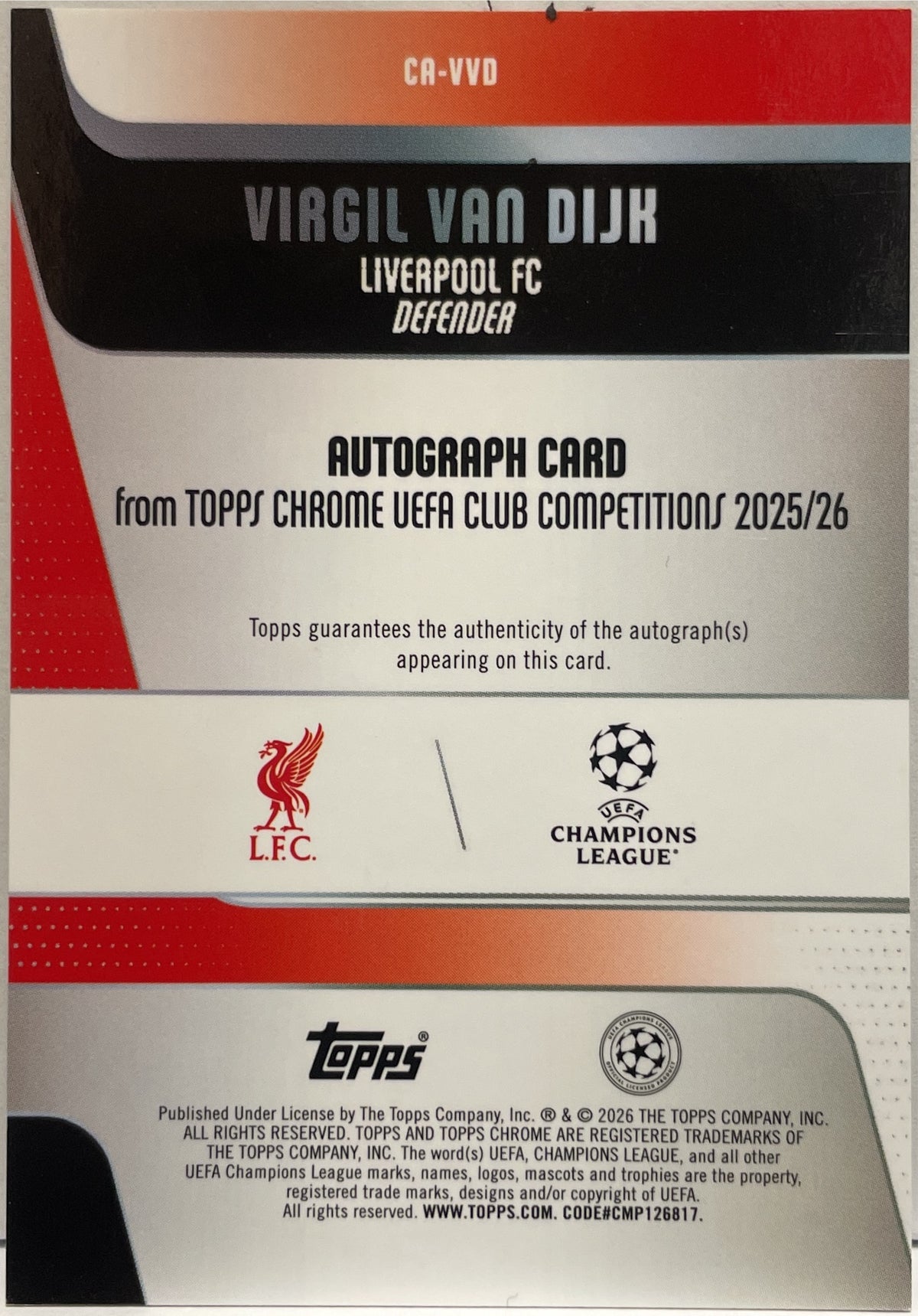 Virgil Van Dijk 44/50 Autograph Gold Geometric Topps Chrome UCC 2025/26