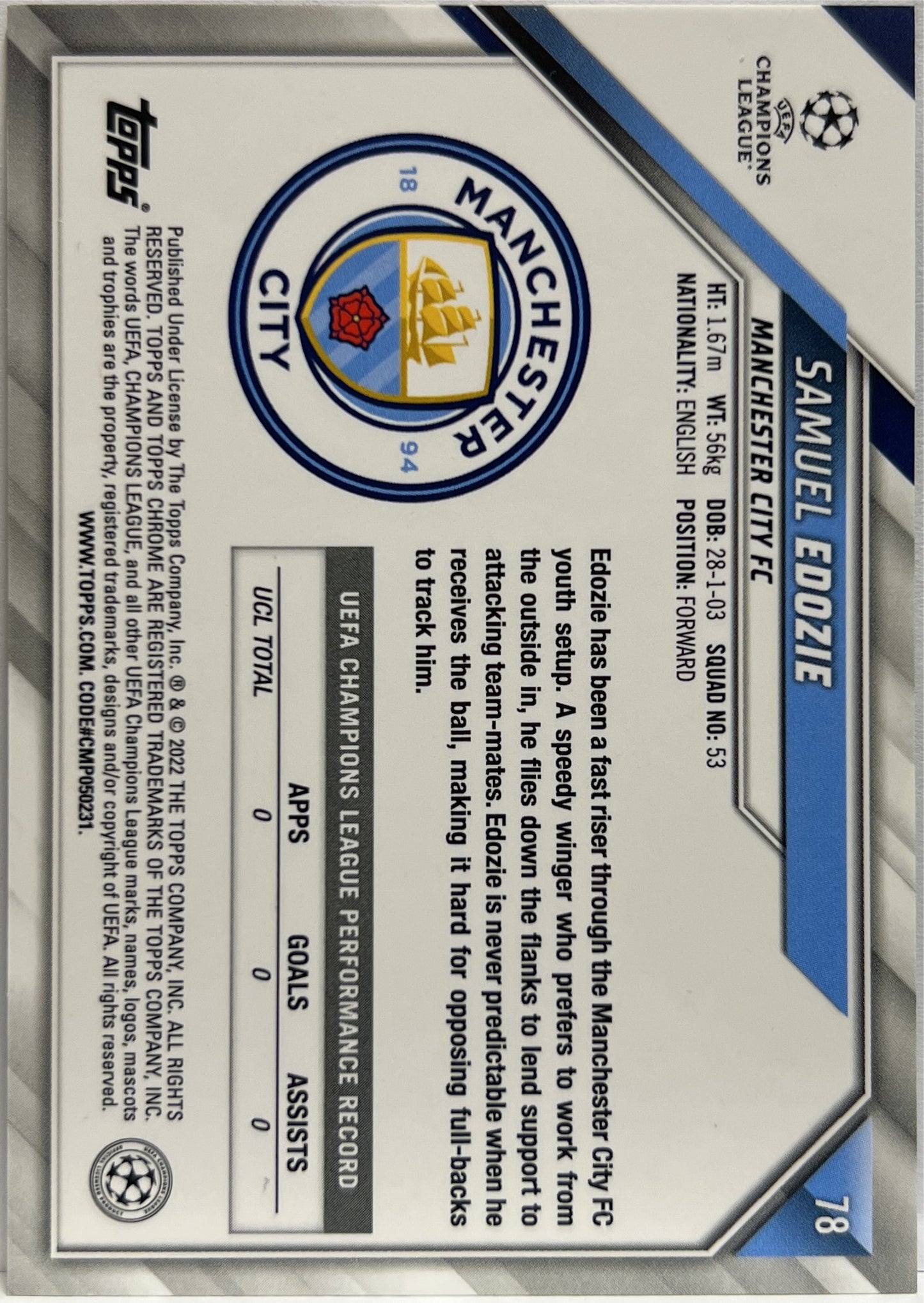 Samuel Edozie Rookie Star Ball Topps Chrome UCL 2021/22