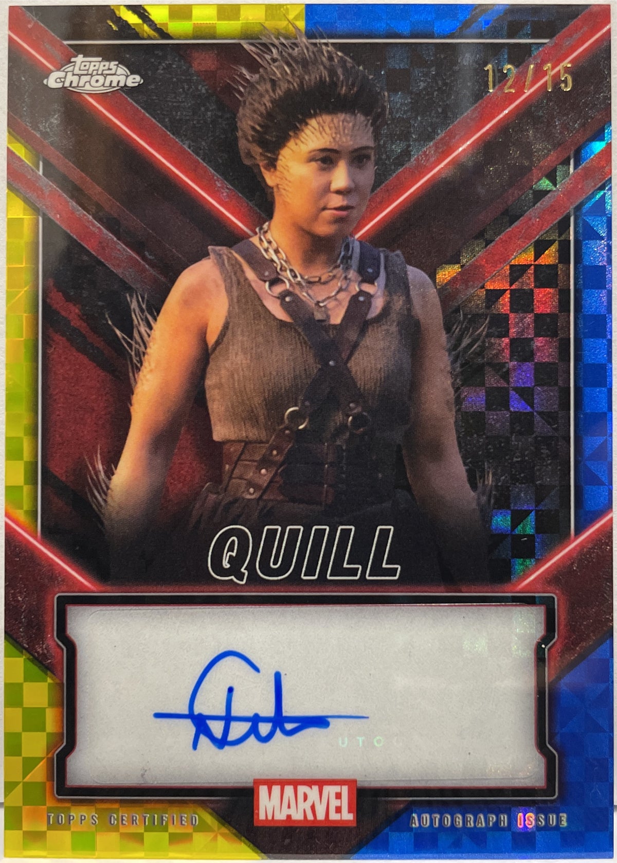 Nilly Cetin as Quill 12/15 Autograph Topps Yellow and Blue X-Fractor Topps Chrome Deadpool 2025