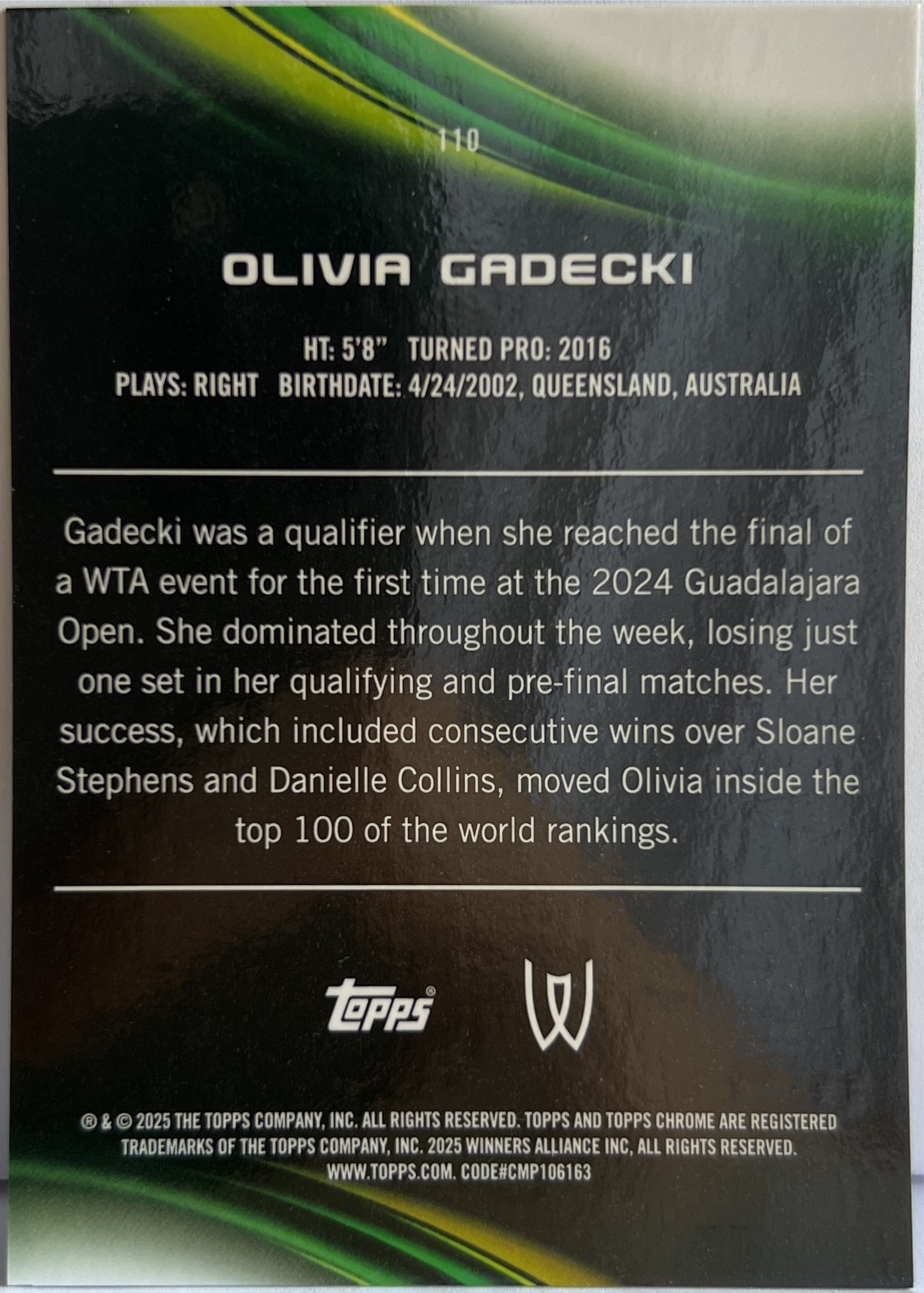 Olivia Gadecki 3/10 Rookie Black Topps Chrome Tennis 2025