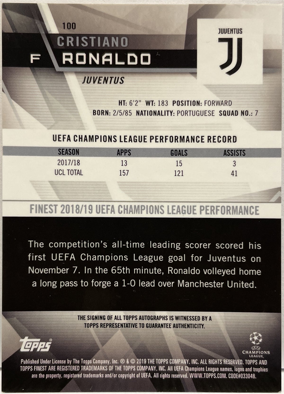 Cristiano Ronaldo 18/25 Autograph Orange Wave Topps Finest UCL 2018/19