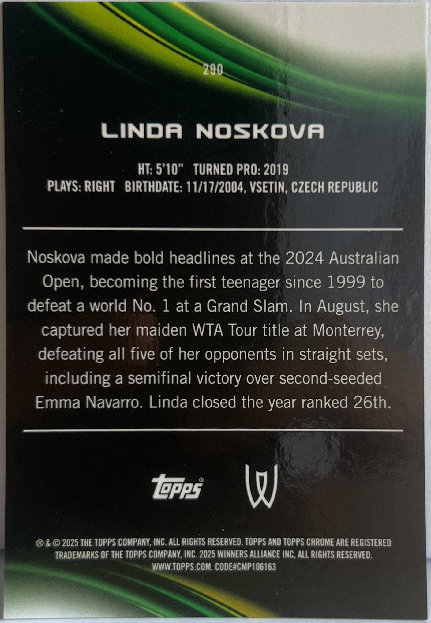 Linda Noskova 8/10 Rookie Black Topps Chrome Tennis 2025