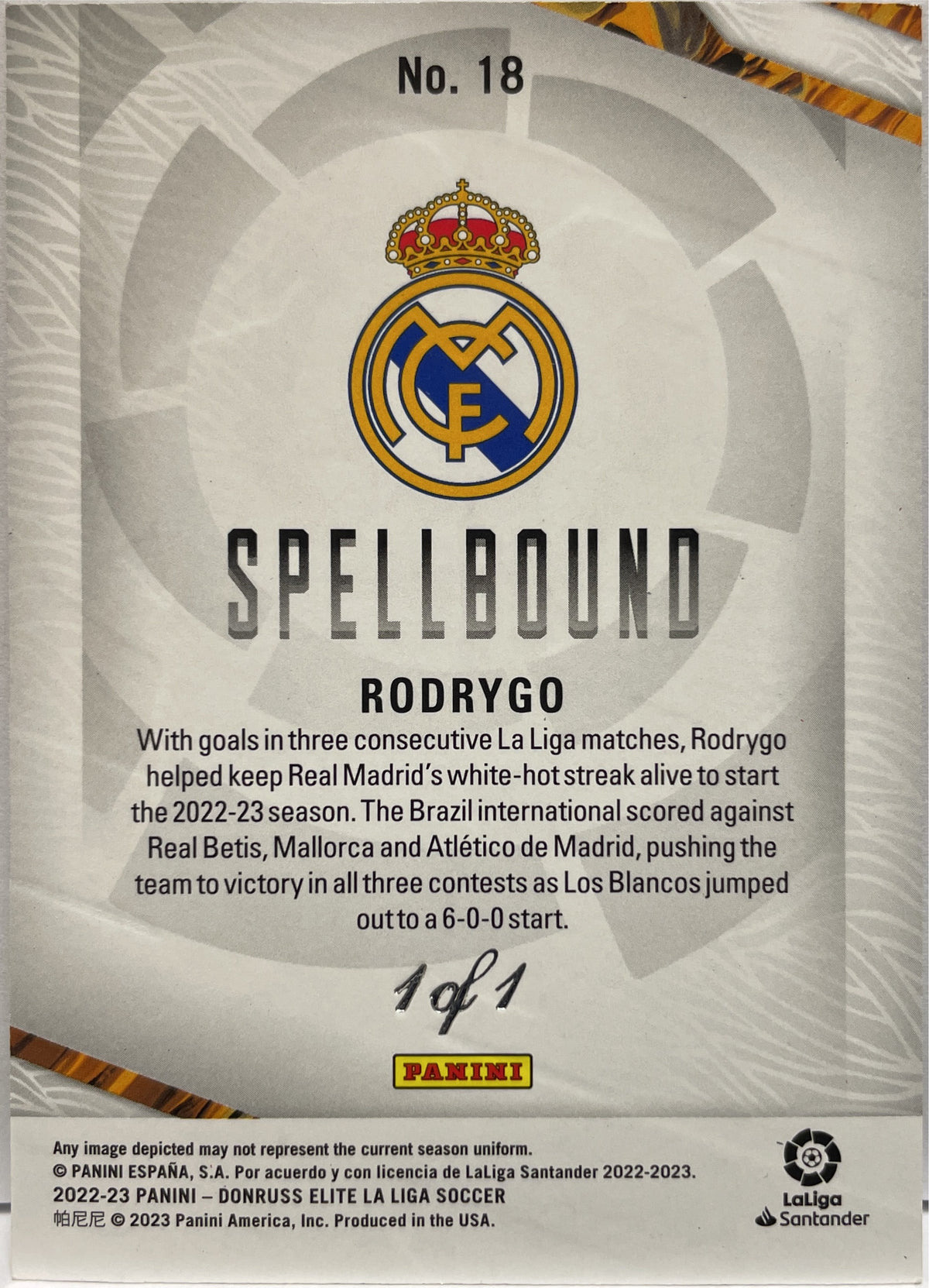 Rodrygo 1/1 Spellbound Panini Donruss Elite La Liga 2022/23