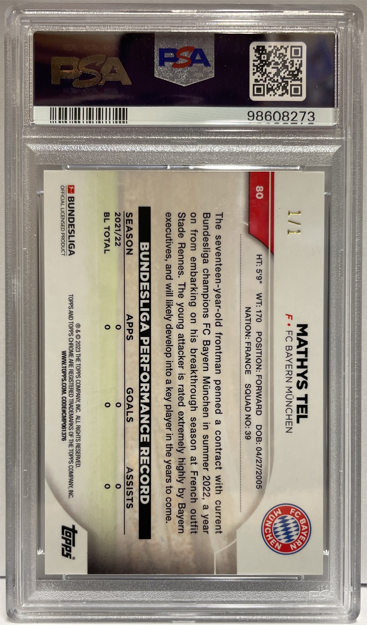Mathys Tel 1/1 Superfractor Topps Chrome Bundesliga 2022/23 PSA 9