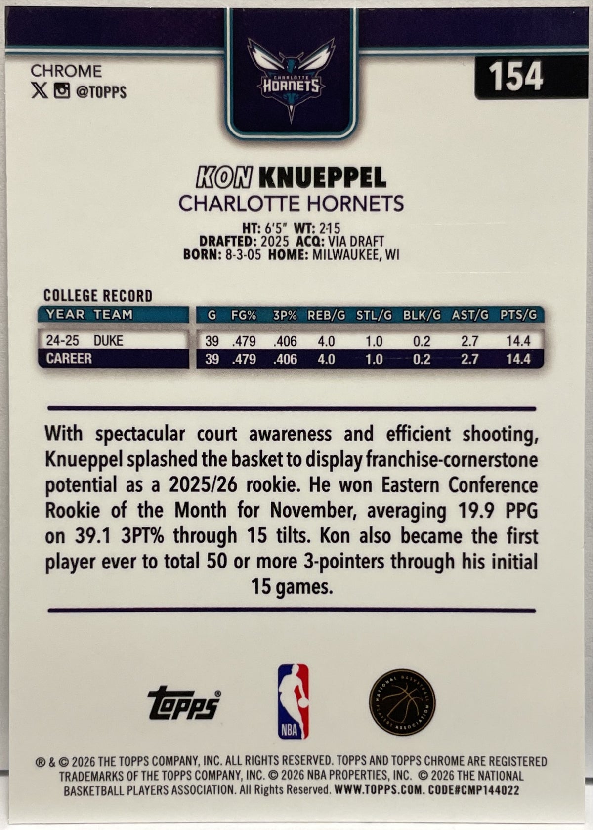 Kon Knueppel Rookie Refractor Topps Chrome NBA Basketball 2025/26