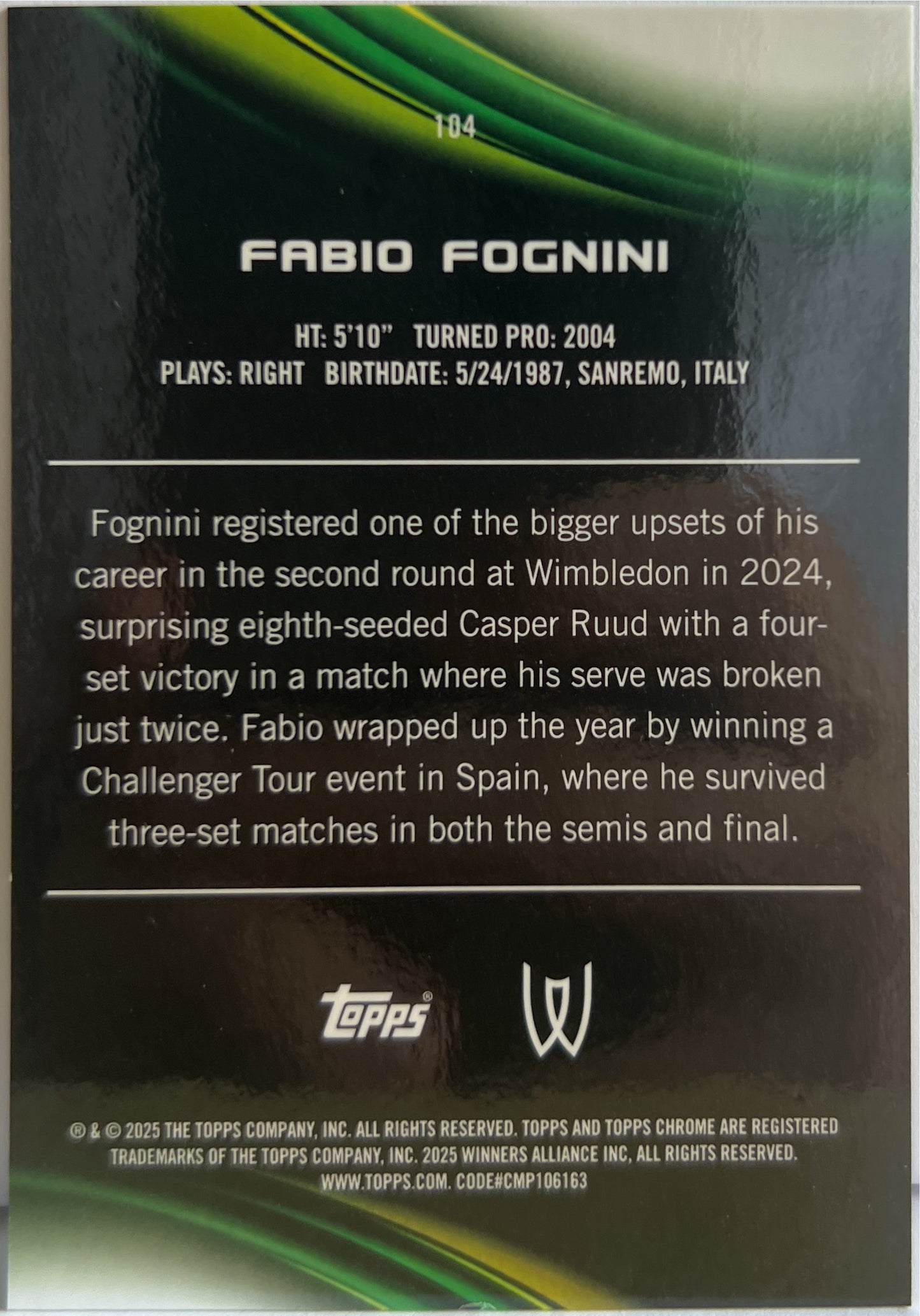 Fabio Fognini 32/50 Gold Topps Chrome Tennis 2025