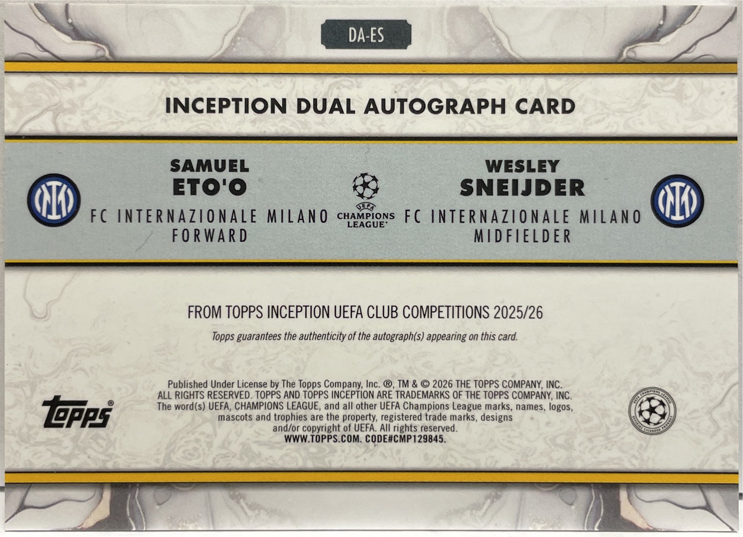 Samuel Eto'O Wesley Sneijder 1/1 Dual Autograph Topps Inception 2025/26