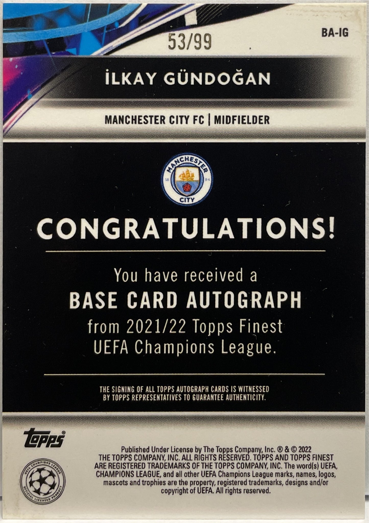 Ilkay Gundogan 53/99 Autograph Green Shimmer Topps Finest UCC 2021/22