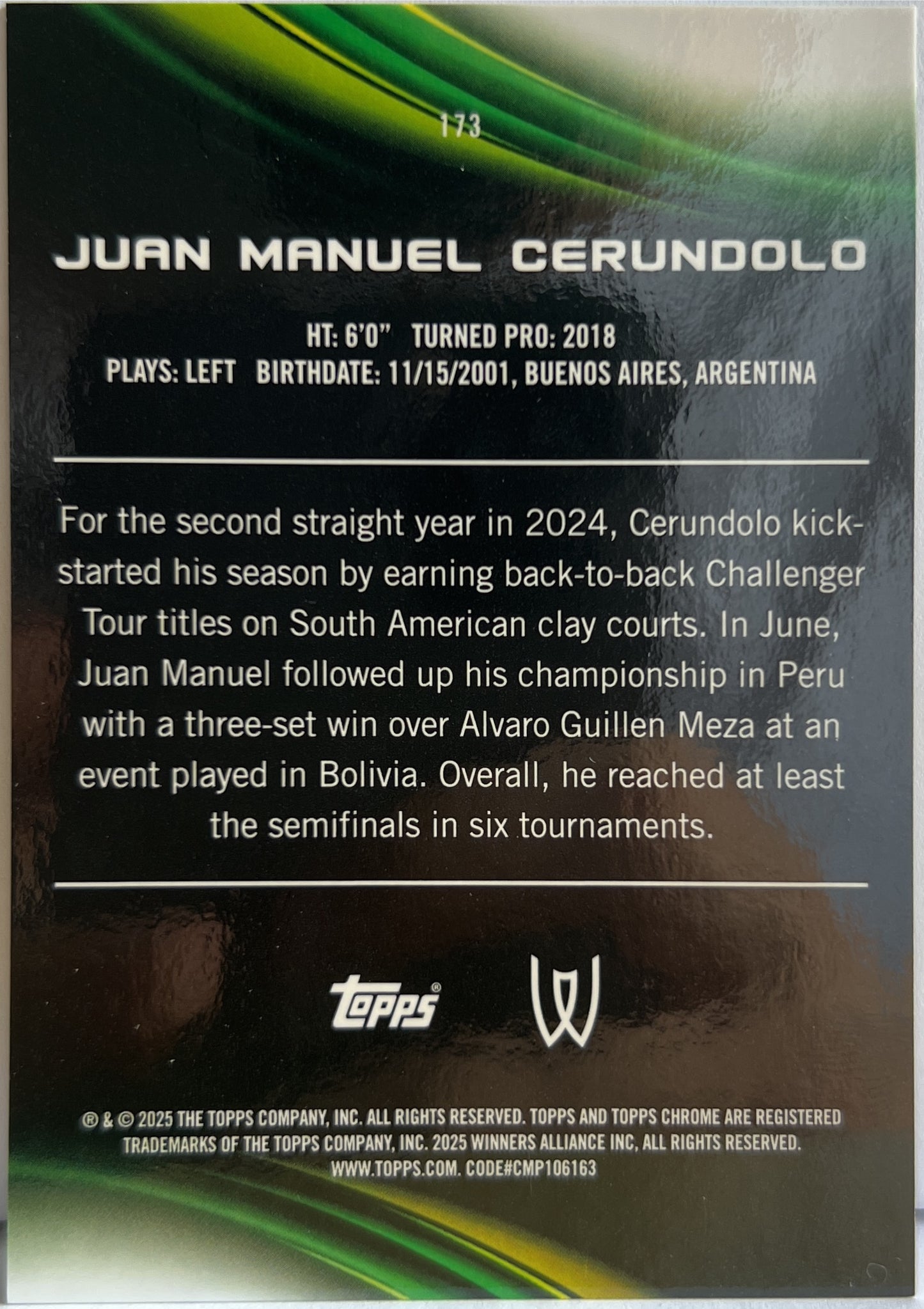 Juan Manuel Cerundolo 36/50 Gold Topps Chrome Tennis 2025