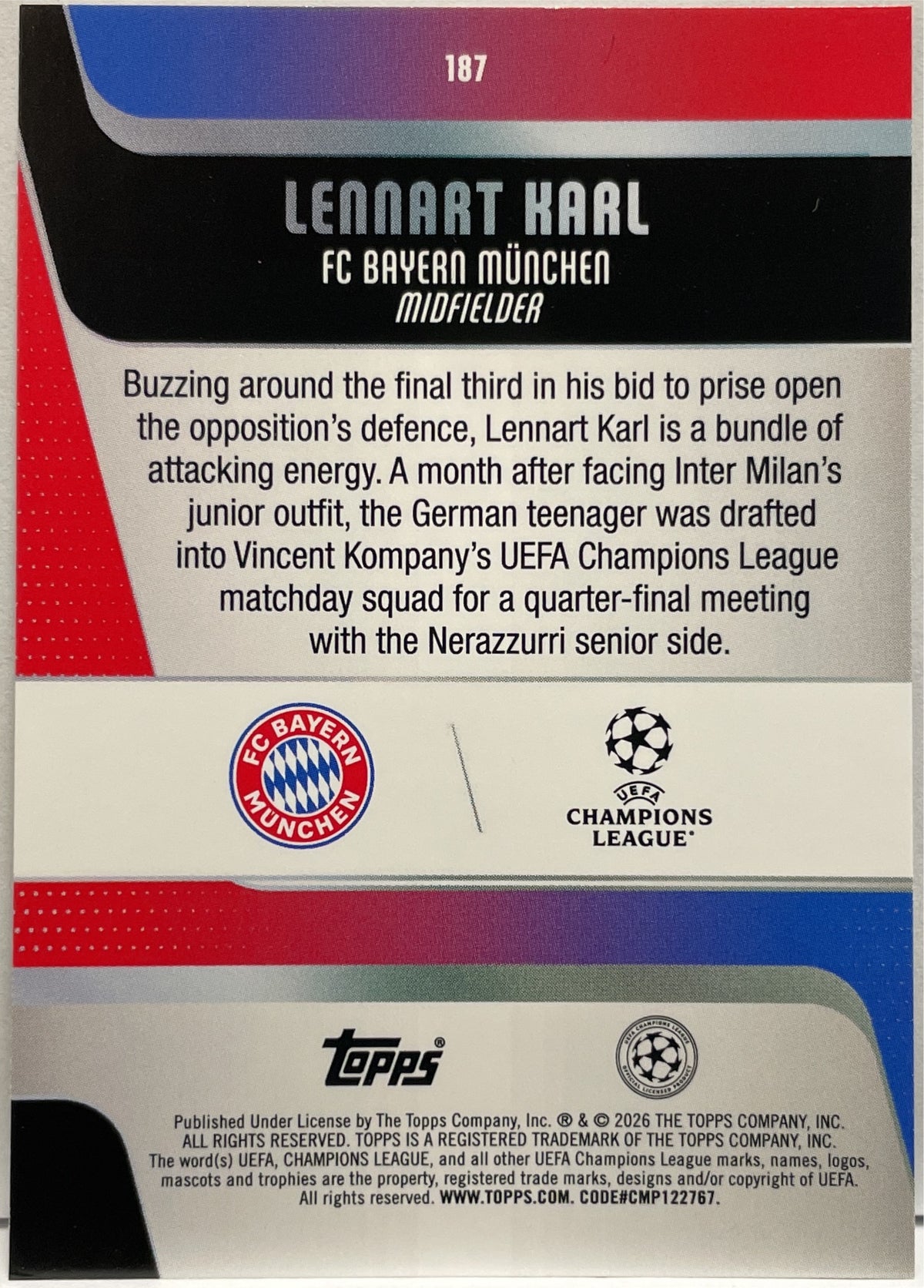 Lennart Karl 3/10 Rookie Black Topps UCC 2025/26
