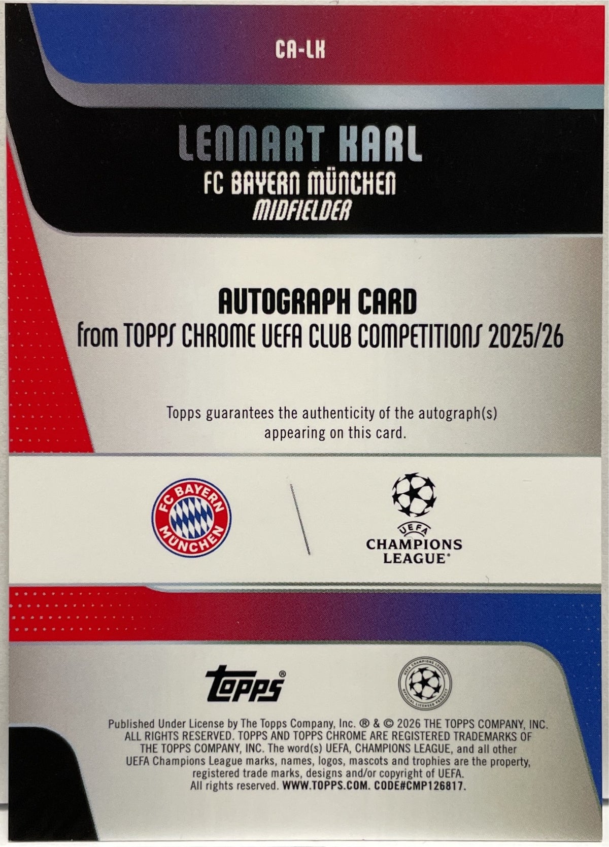 Lennart Karl Rookie Autograph Geometric Topps Chrome UCC 2025/26