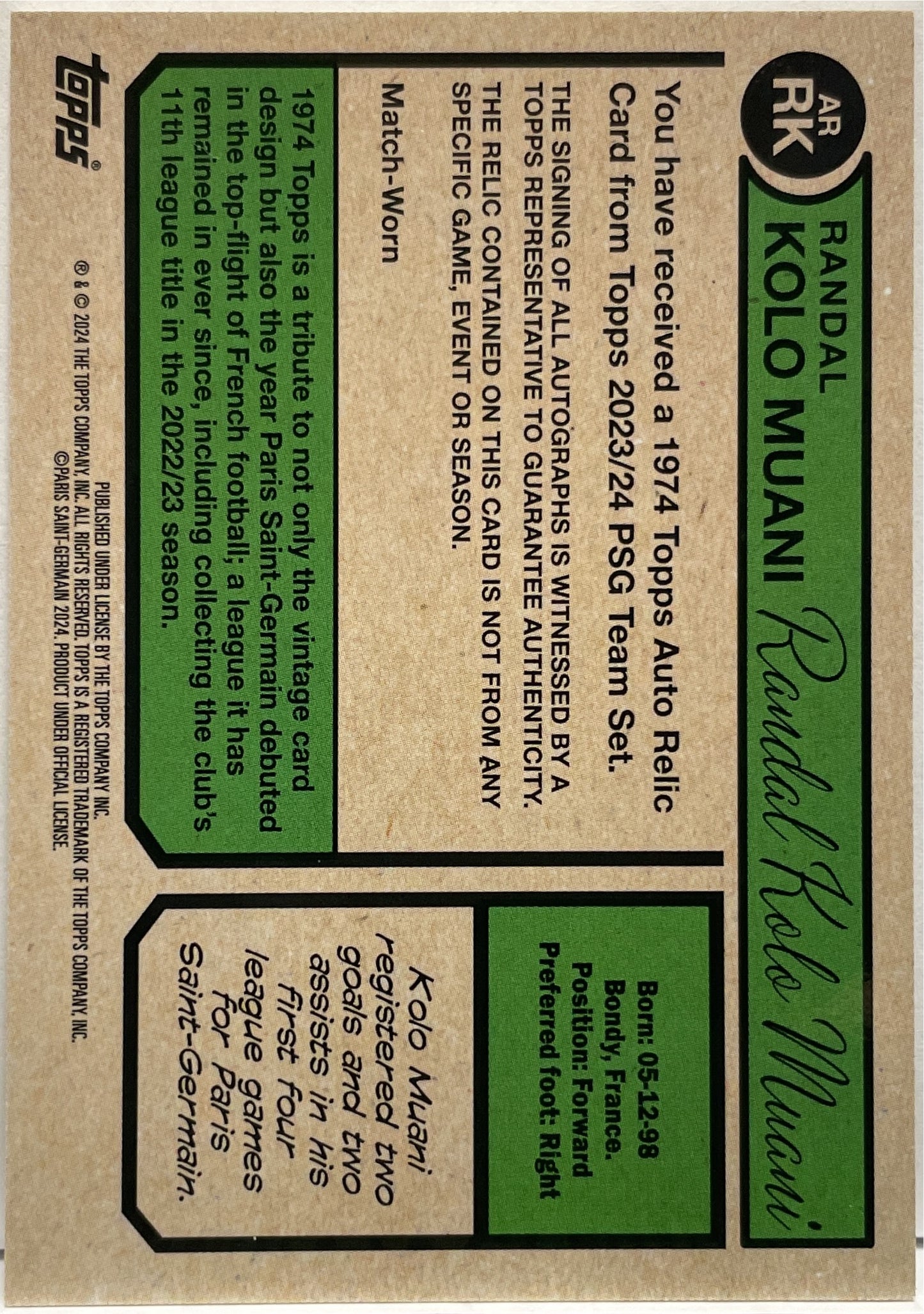 Randal Kolo Muani 1/1 Patch Worn Autograph 1974 Topps PSG Team Set 2023/24