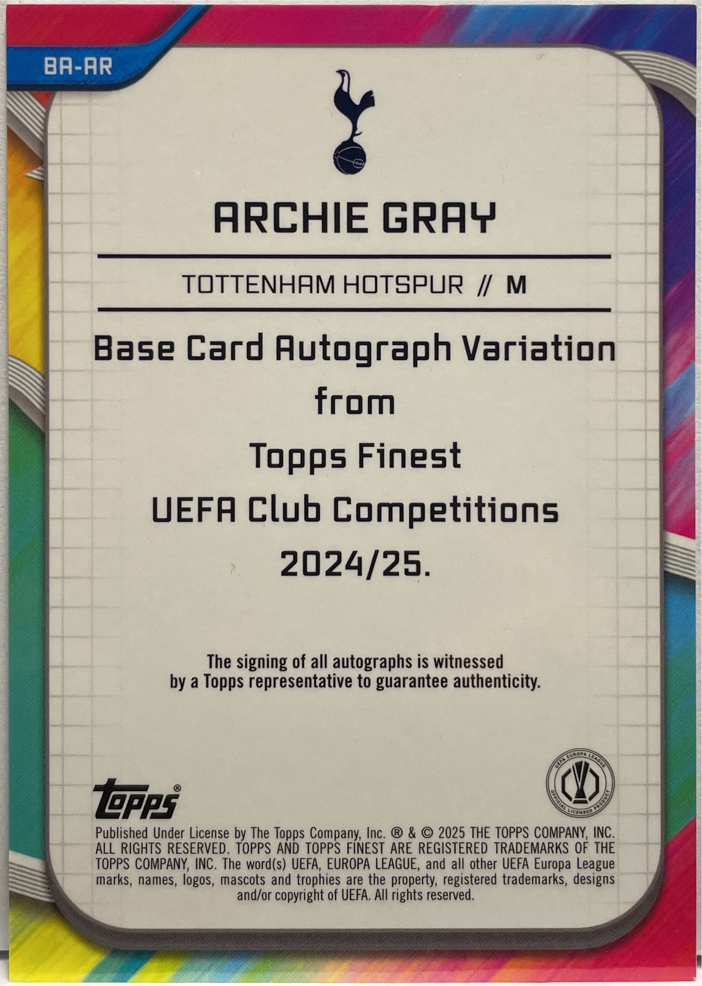 Archie Gray 1/99 Rookie Autograph Green Shimmer Topps Finest UCC 2024/25