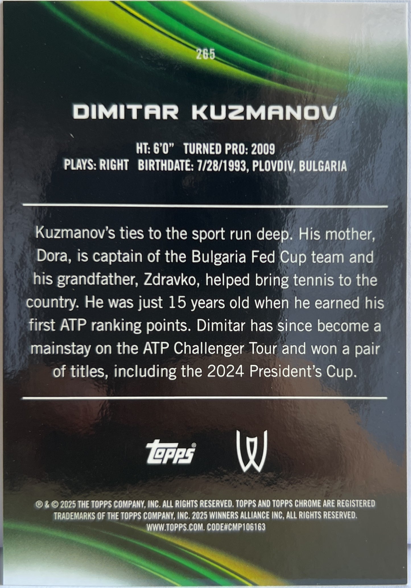 Dimitar Kuzmanov 15/50 1ST Gold Topps Chrome Tennis 2025