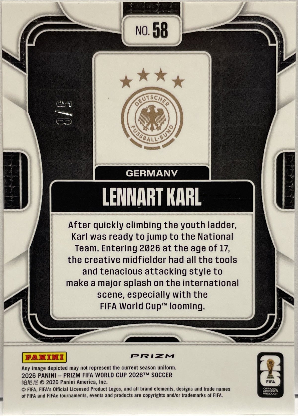 Lennart Karl 5/8 Rookie Black Gold Wave Panini Prizm World Cup 2026